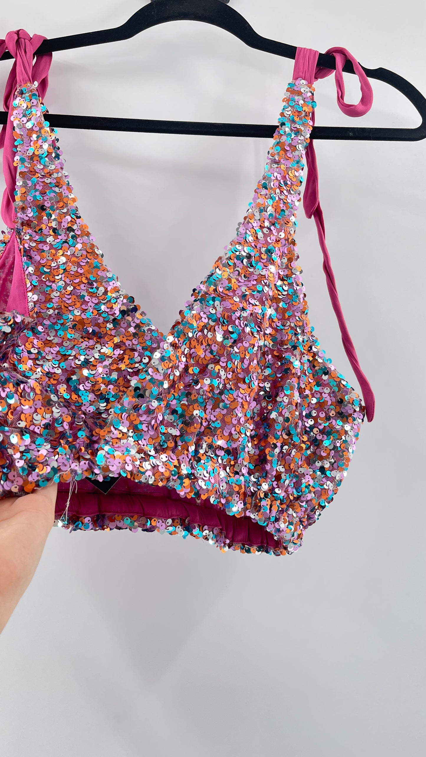 Intimately Free People Big Night Tie Shoulder Mauve Sequin Crop (XS)
