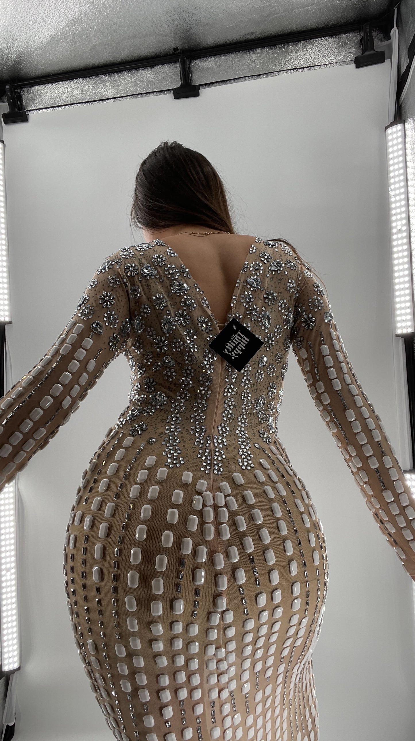 Modified Floor Length Gown Nude Underlay with Crystals and White Jewels (Medium)