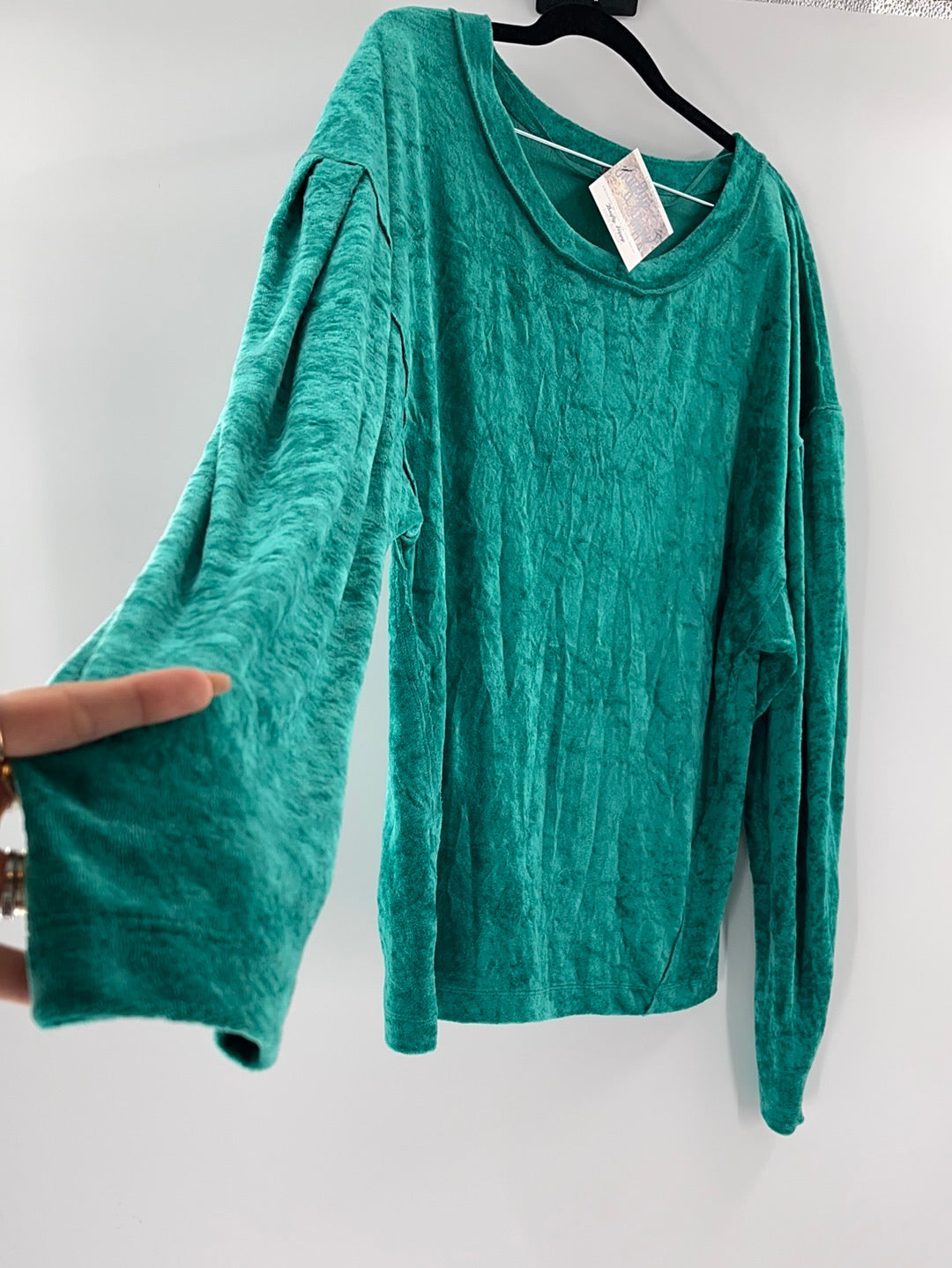 Free People -WE THE FREE Milan Crushed Velvet Long Balloon Sleeve Green Top (Size Large)