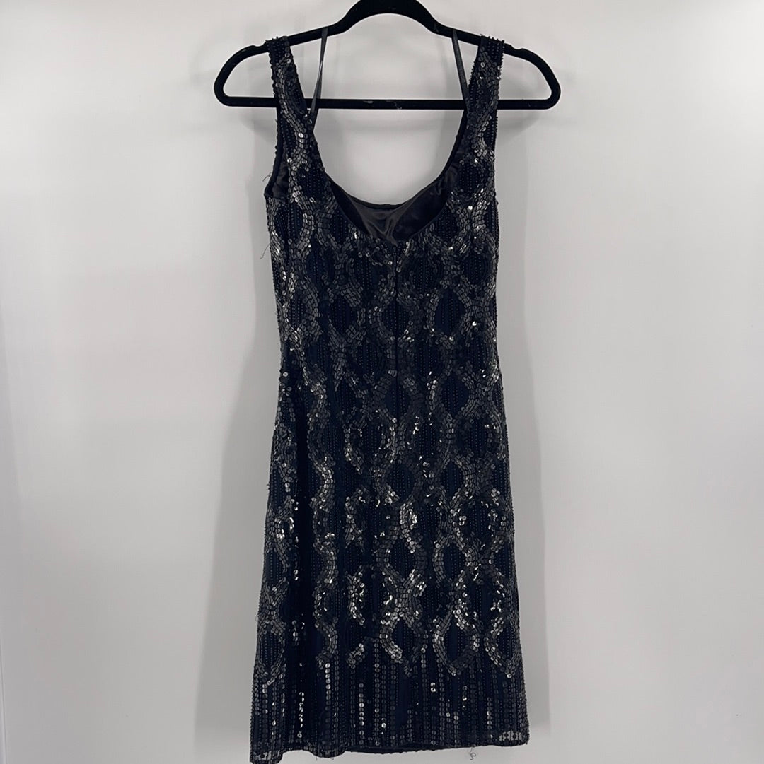 Vintage Scala Sequin with Beaded Embellishments Black Sleeveless Mini Dress (Size 6)