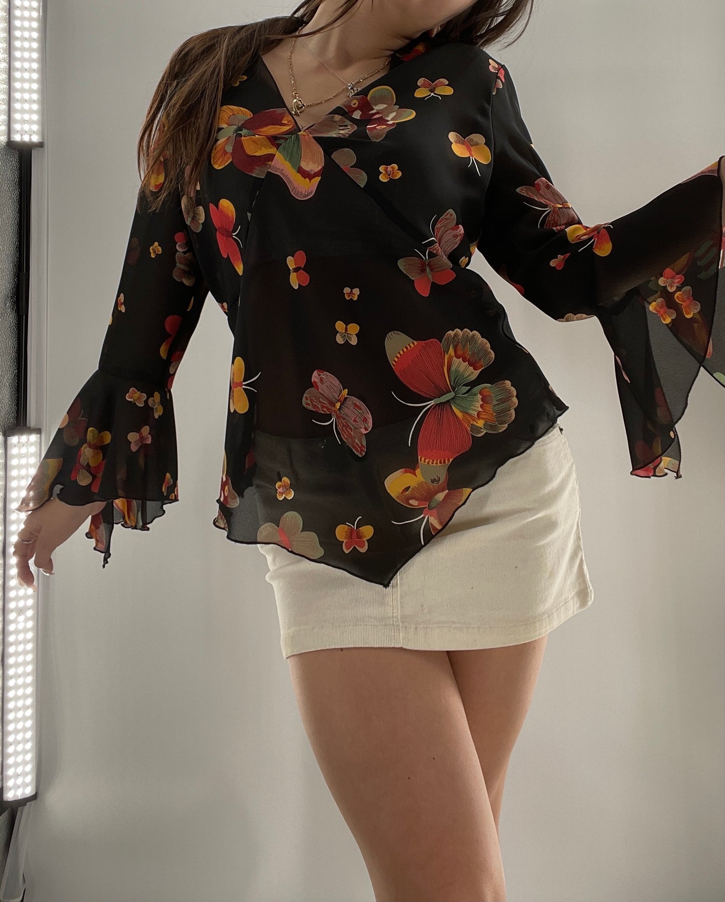 Vintage Butterfly Printed Sheer Bell Sleeve (S)