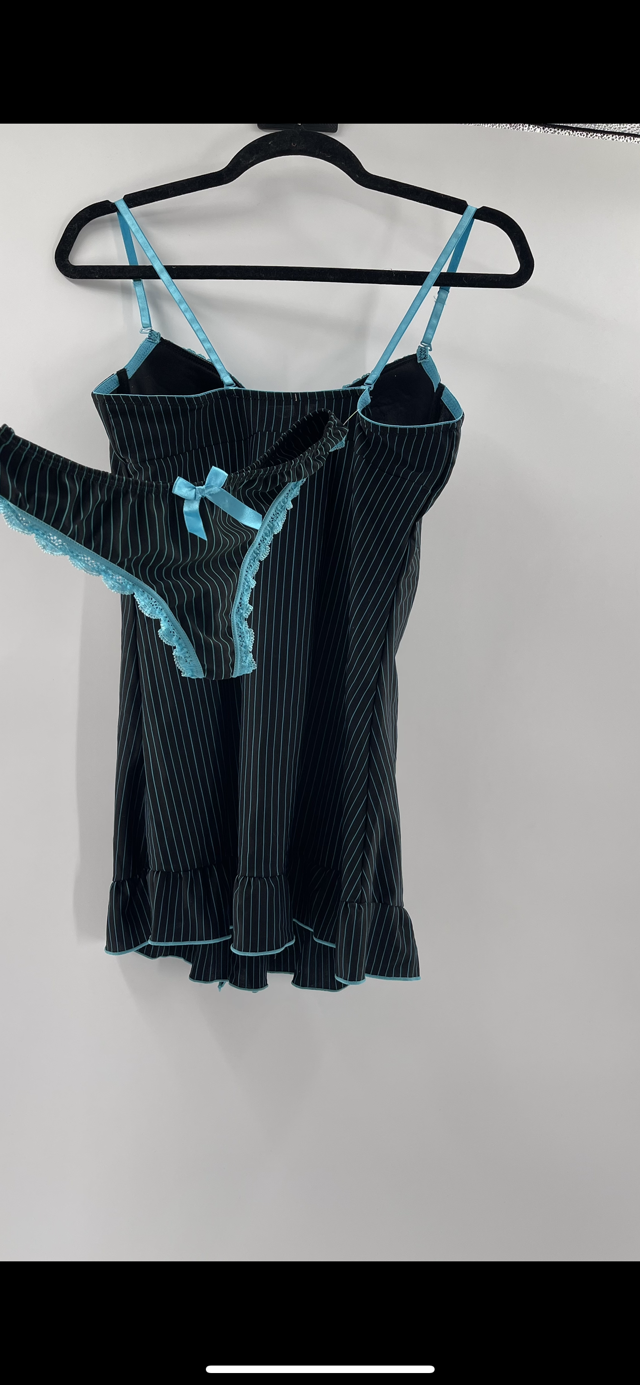 Deadstock Vintage Black/Blue Bustier Babydoll+ Thong Set (36B)