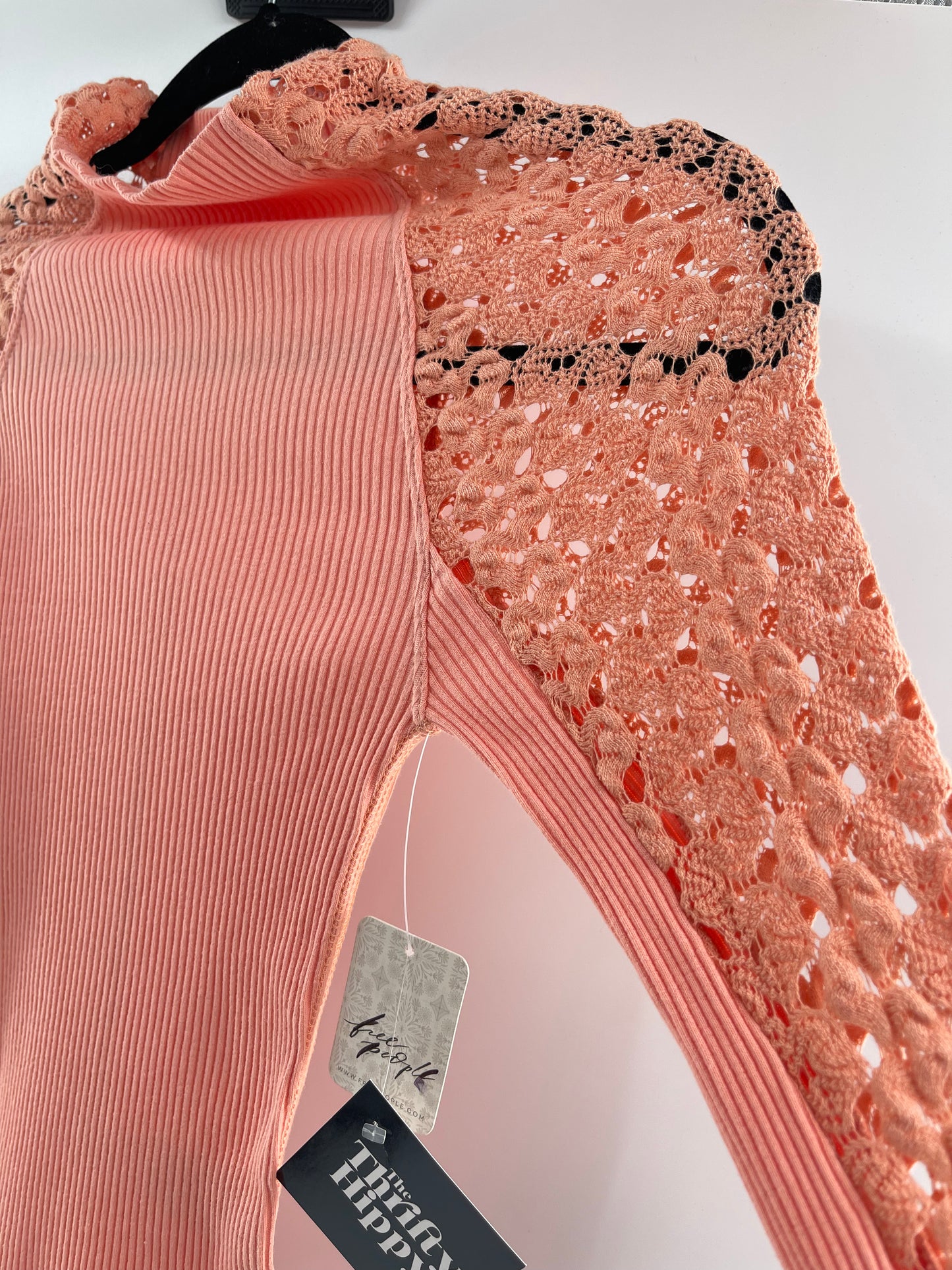 Free People Pink Ribbed Knit + Lace Mock Neck (XS)