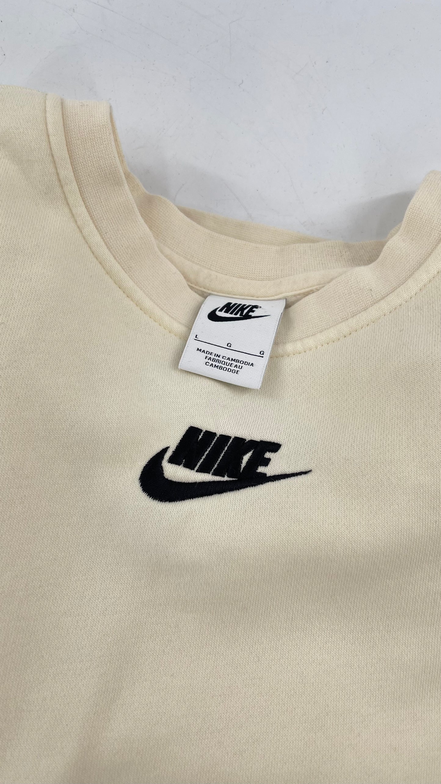 Cream Nike Crewneck with Minimalist Black Chest Logo (Large)