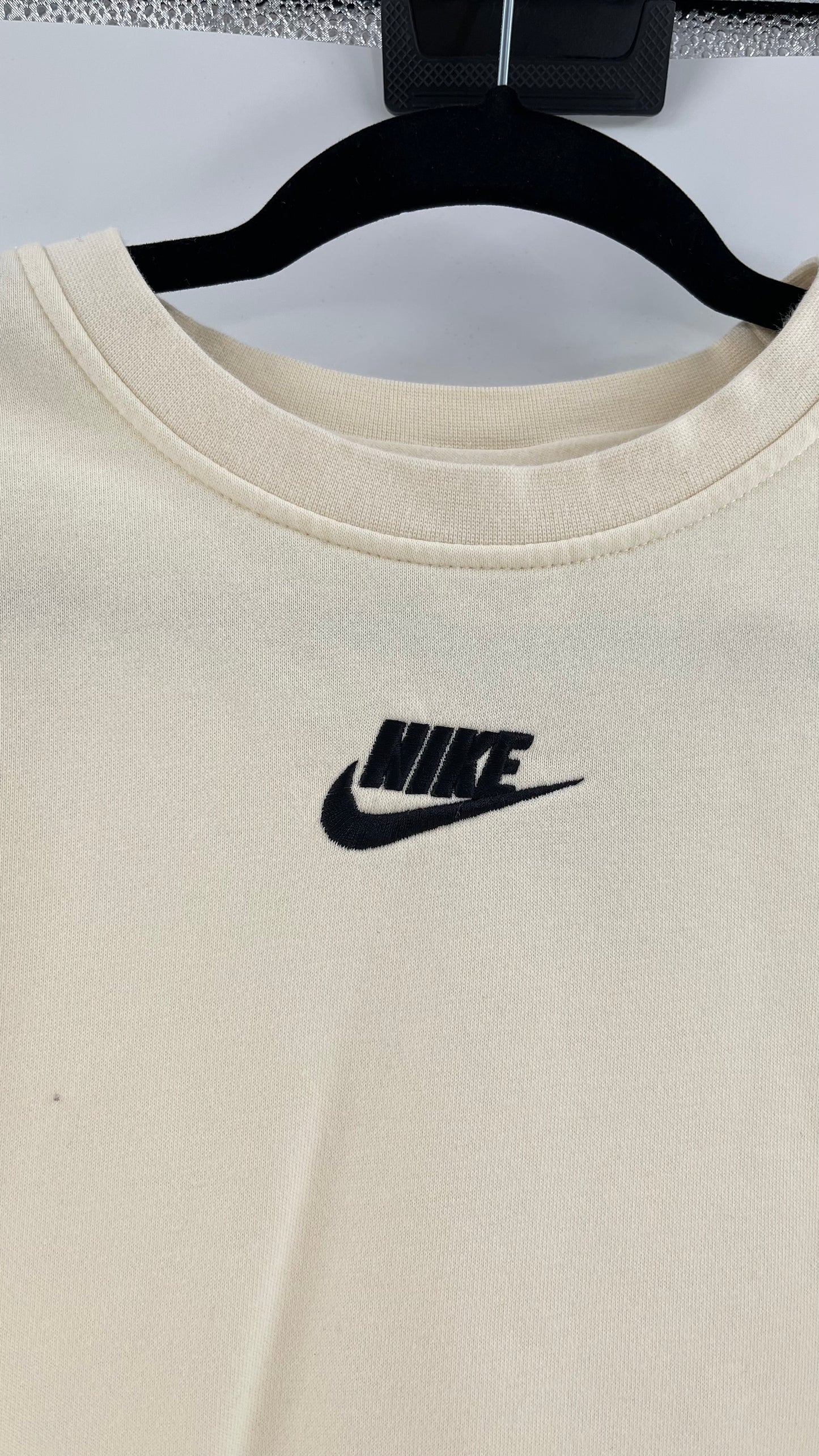 Cream Nike Crewneck with Minimalist Black Chest Logo (Large)