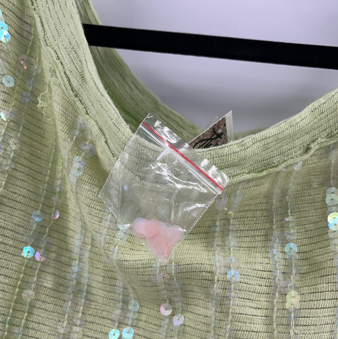 Free People Lime Green with Iridescent Sequin High Low Sweater (Size Small)