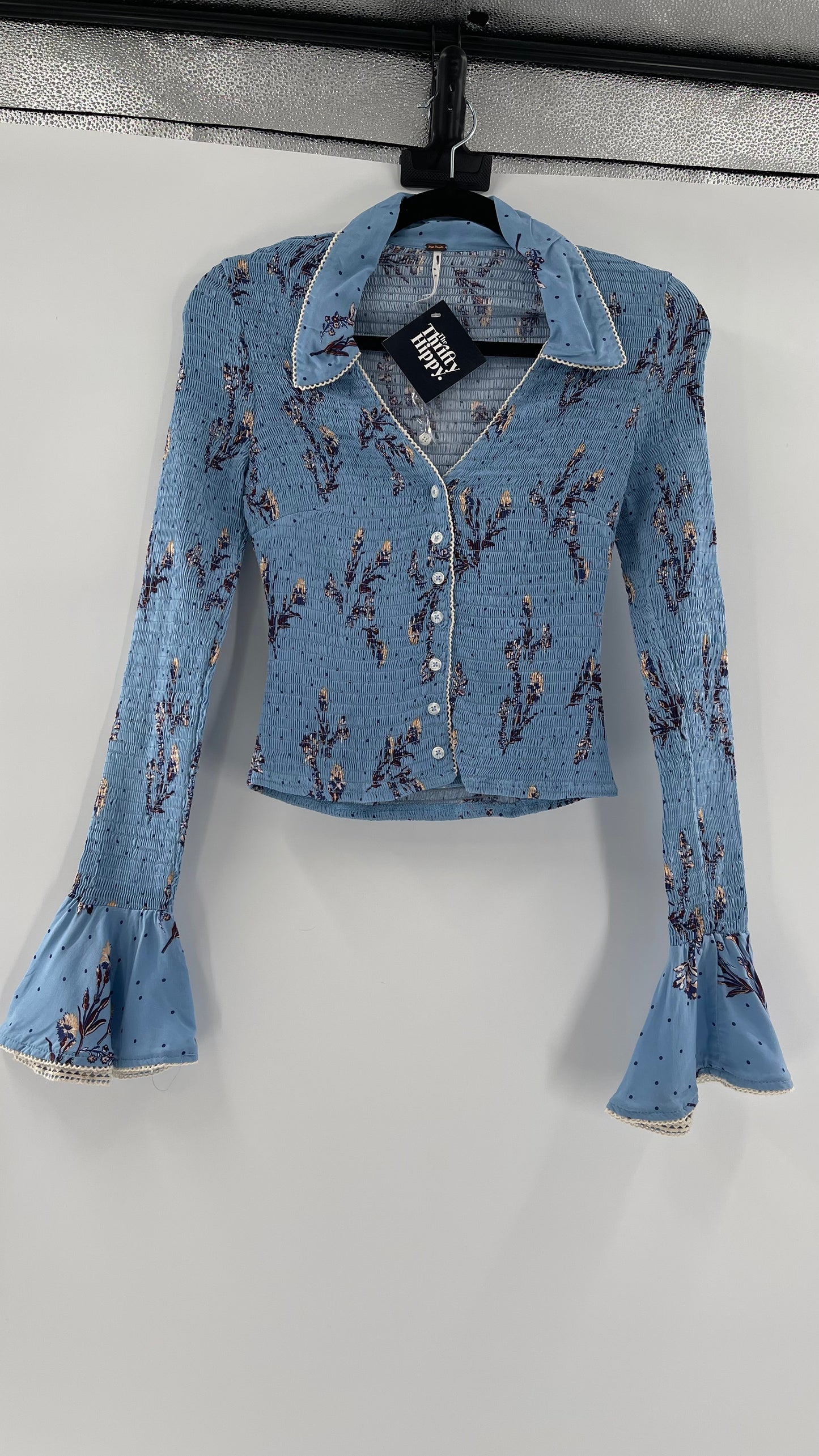 Free People Powder Blue Smocked, Collared, Bell Sleeved, Button Up (XS)