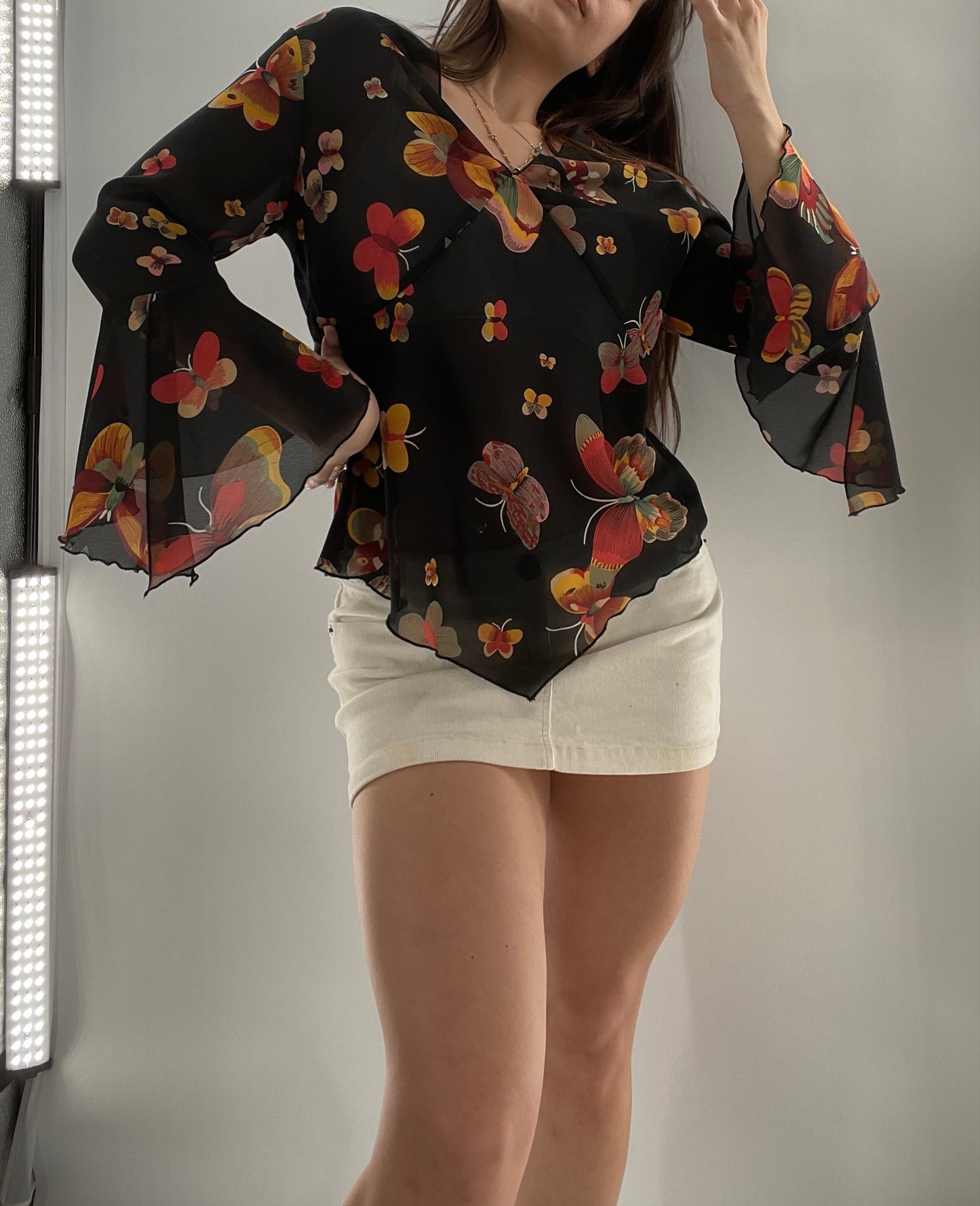 Vintage Butterfly Printed Sheer Bell Sleeve (S)