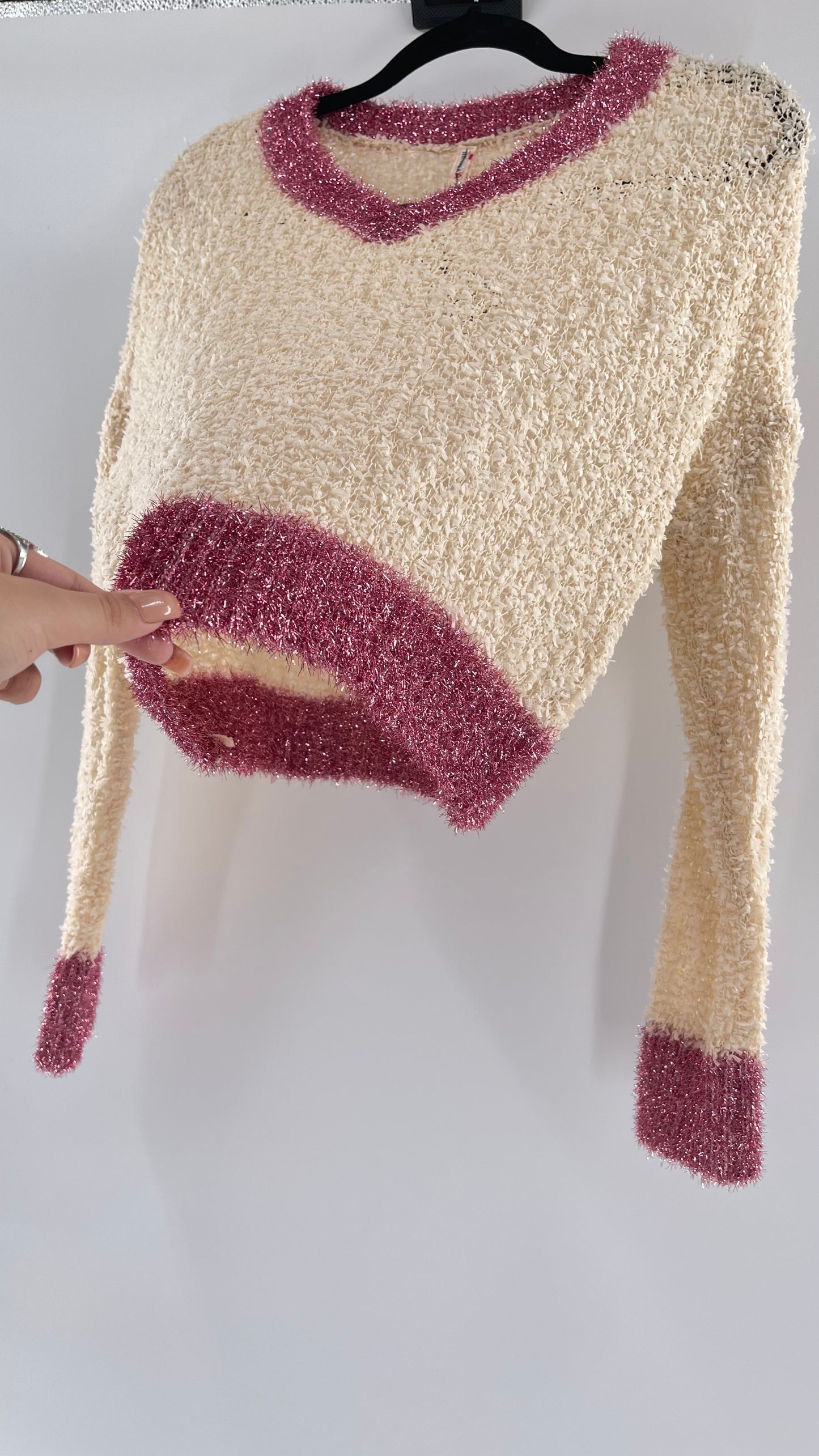 Anthropologie RAGA Cream and Fuchsia Tinsel Varsity Sweater (Large)