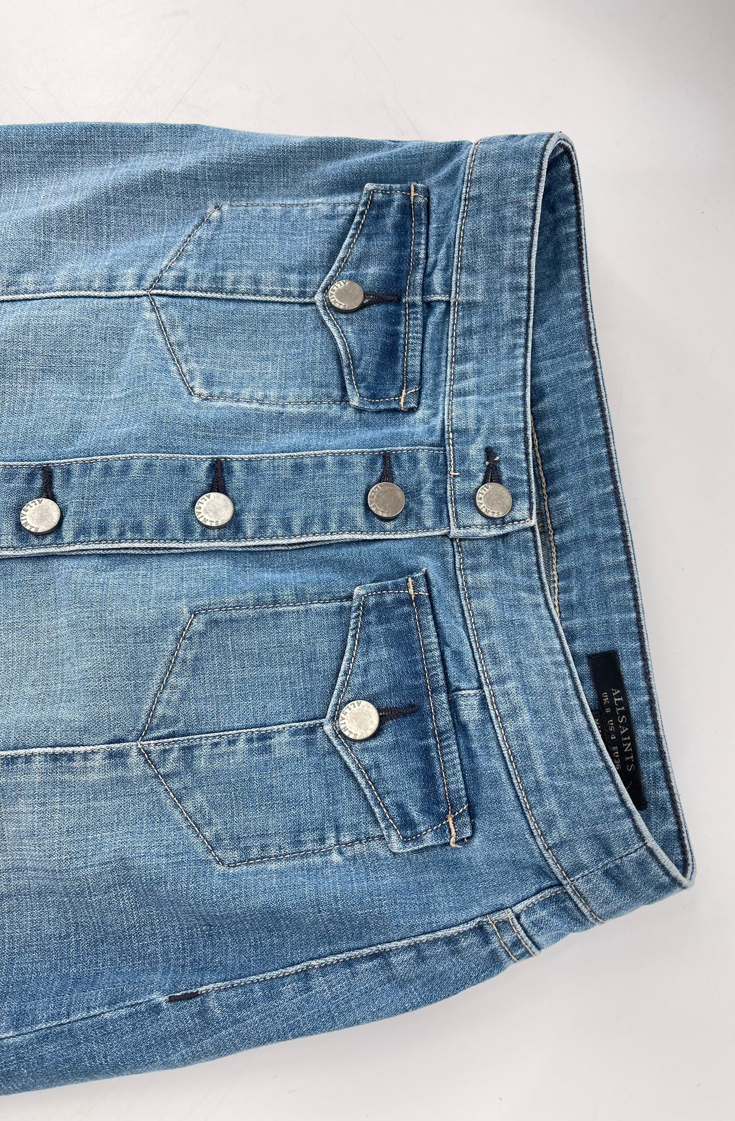 ALLSAINTS Light Wash Button Front Knee High Skirt (4)