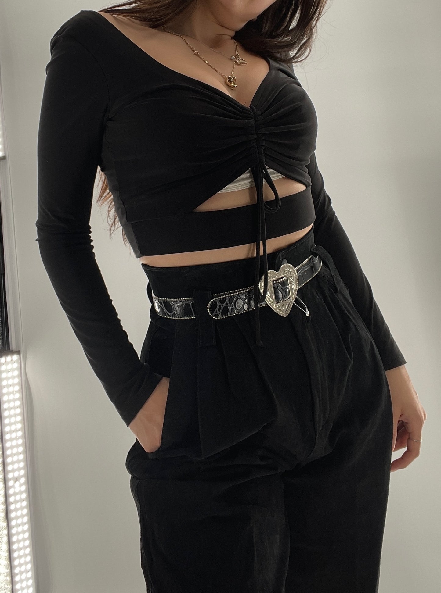 Black Long Sleeve with Ruched Bust and Keyhole (Medium)