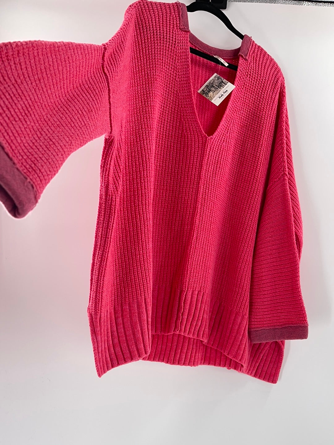 Free People Bright Pink Oversized Sweater V Neck ( Size Medium/Large)