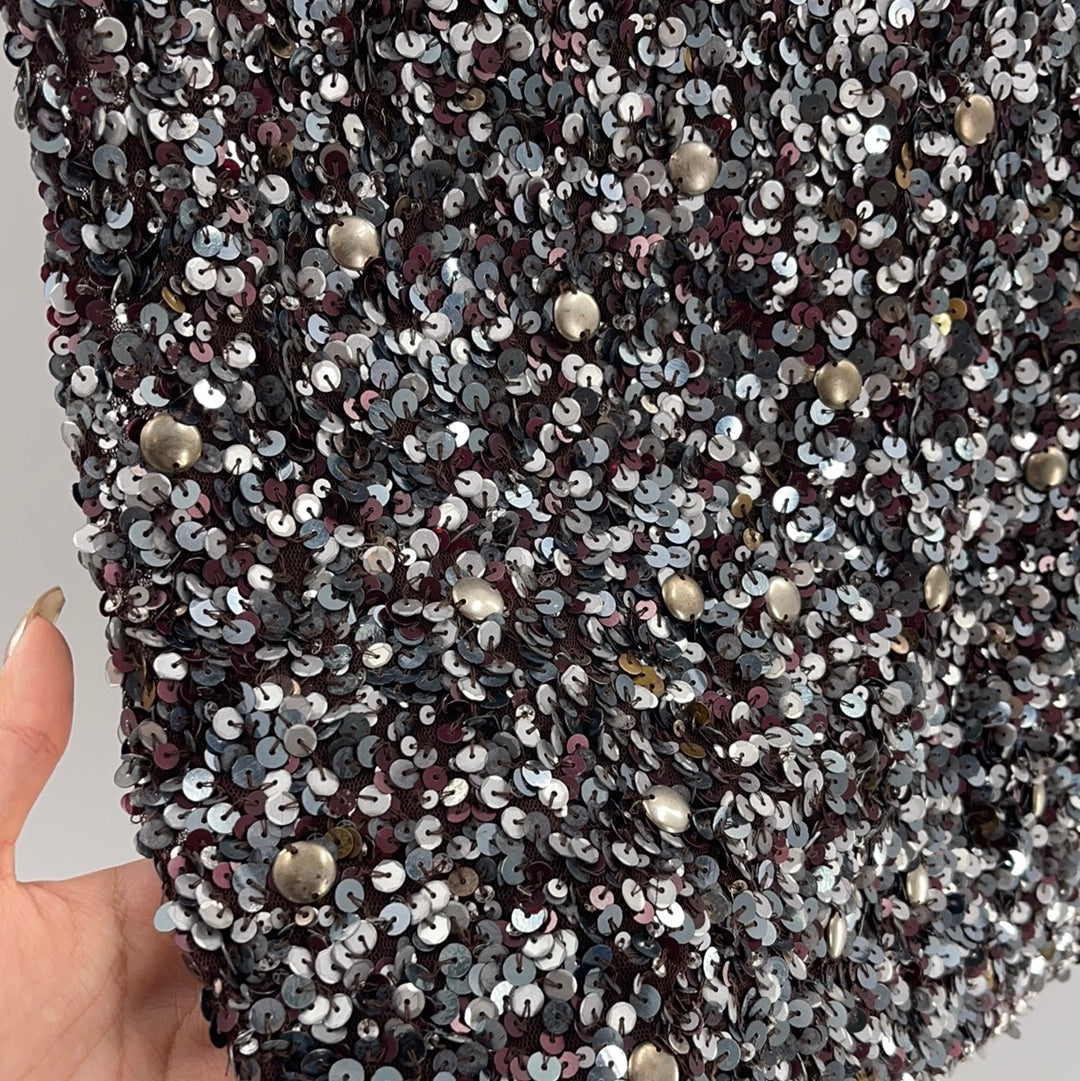 Theia (Vintage With Tag) Sequin and Beaded Mixed Metal Tones Sleeveless V Neck Midi Dress (Size 6)