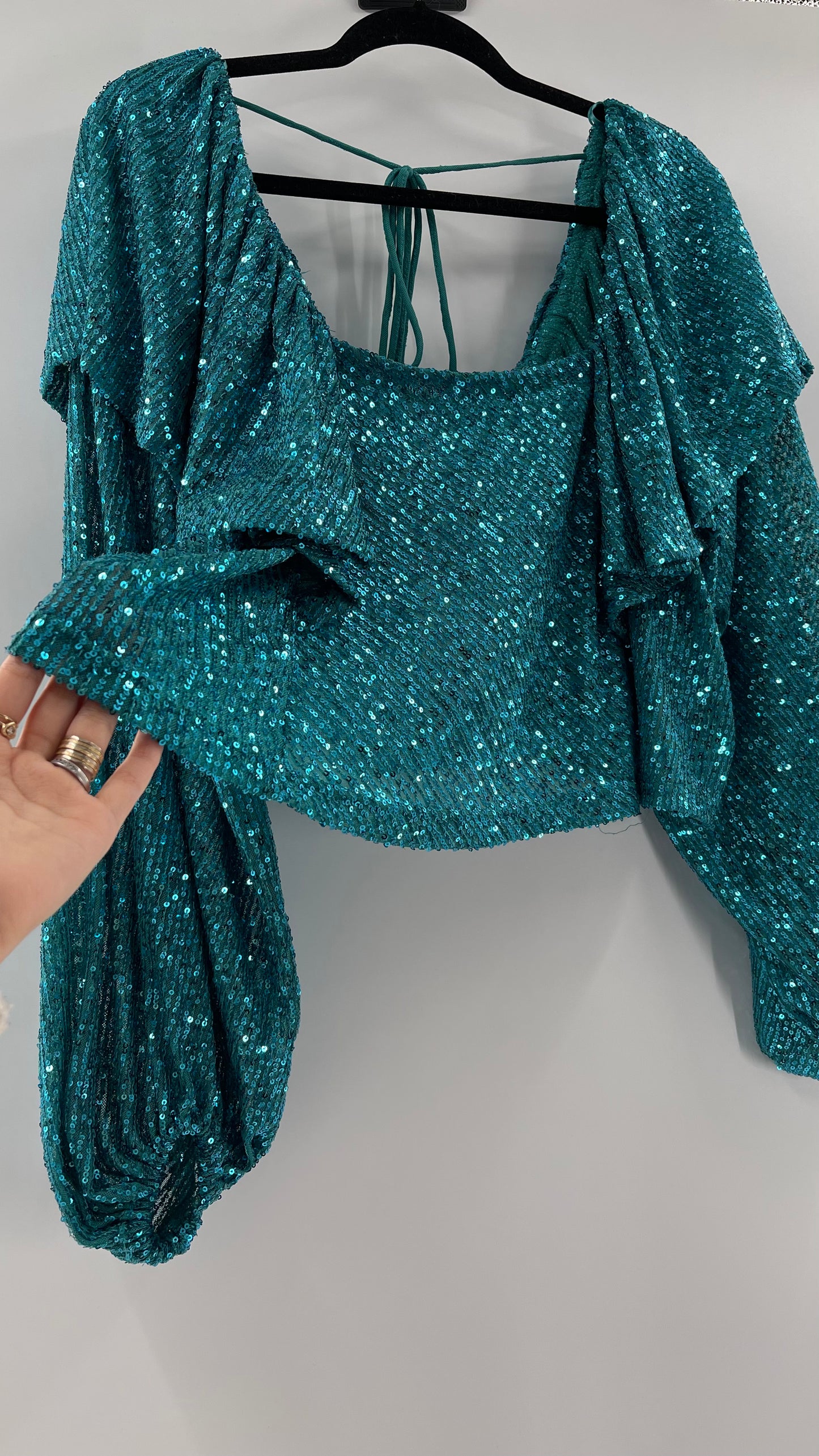 Free People Blue Sequin Long Sleeve (Small)