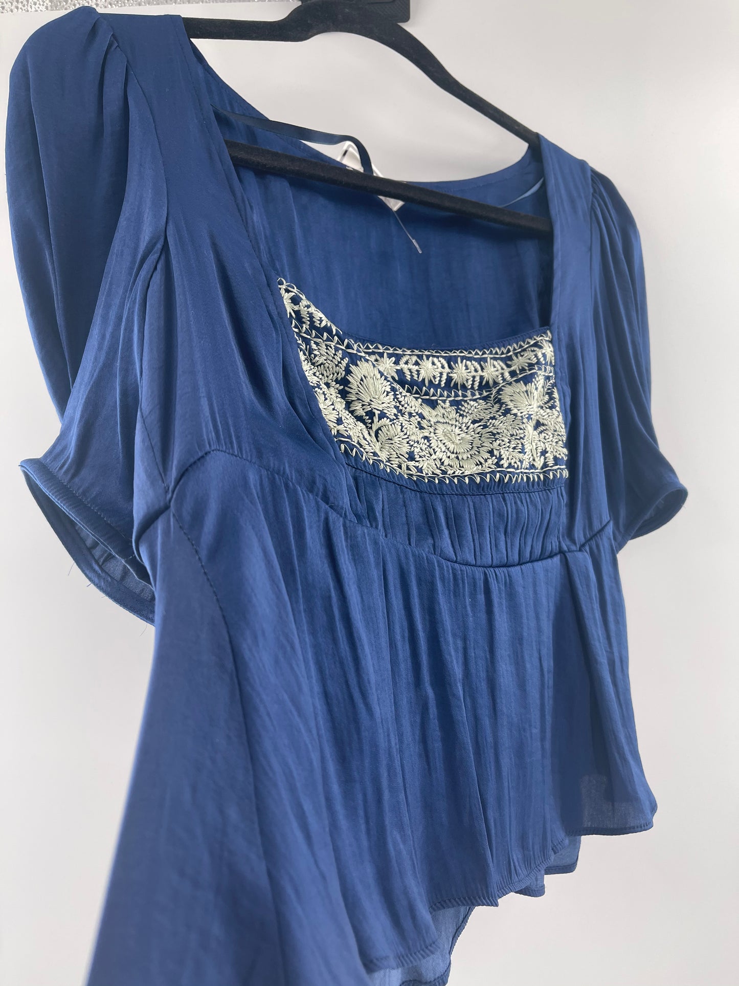 Free People Navy, Silky Embroidered Short Sleeve (XS)