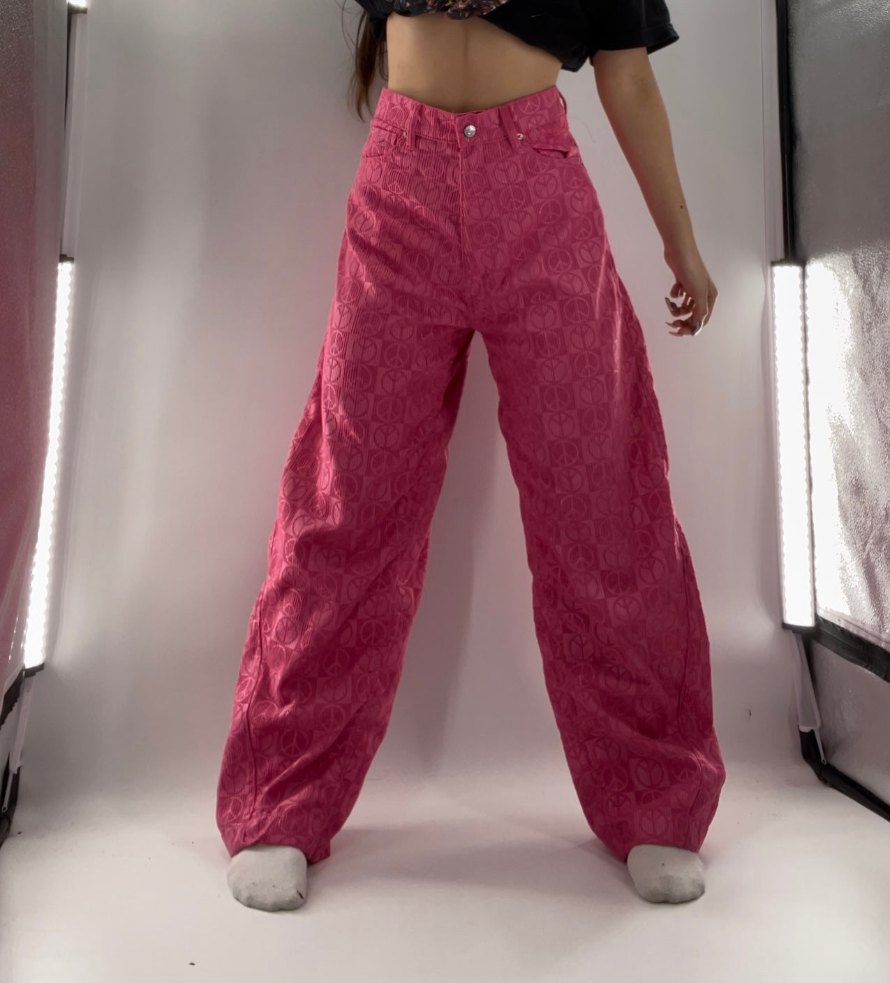 BDG Hot Pink Checkered Peace Sign Wide Legs (27)