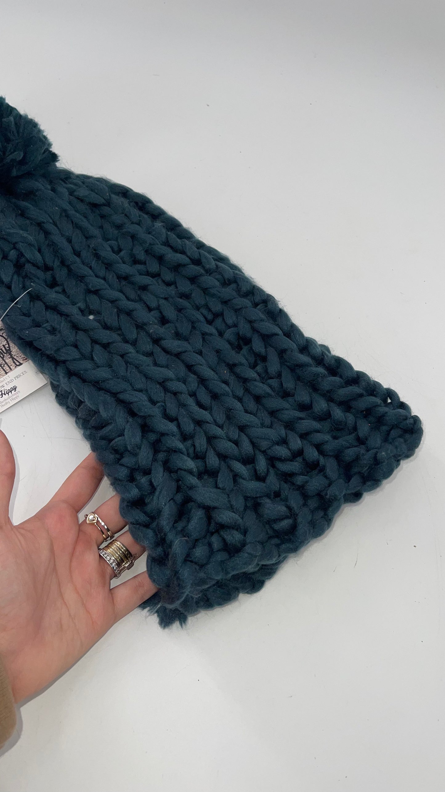 Free People Heavy Knit Navy PomPom Beanie