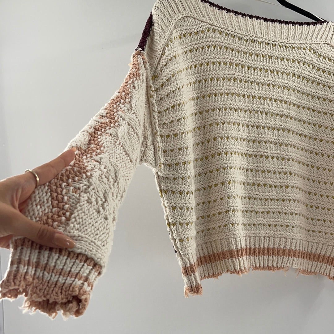 Free People Distressed Cropped Sweaters Cream With Burgandy Mustard and Pink Details (Size XS)