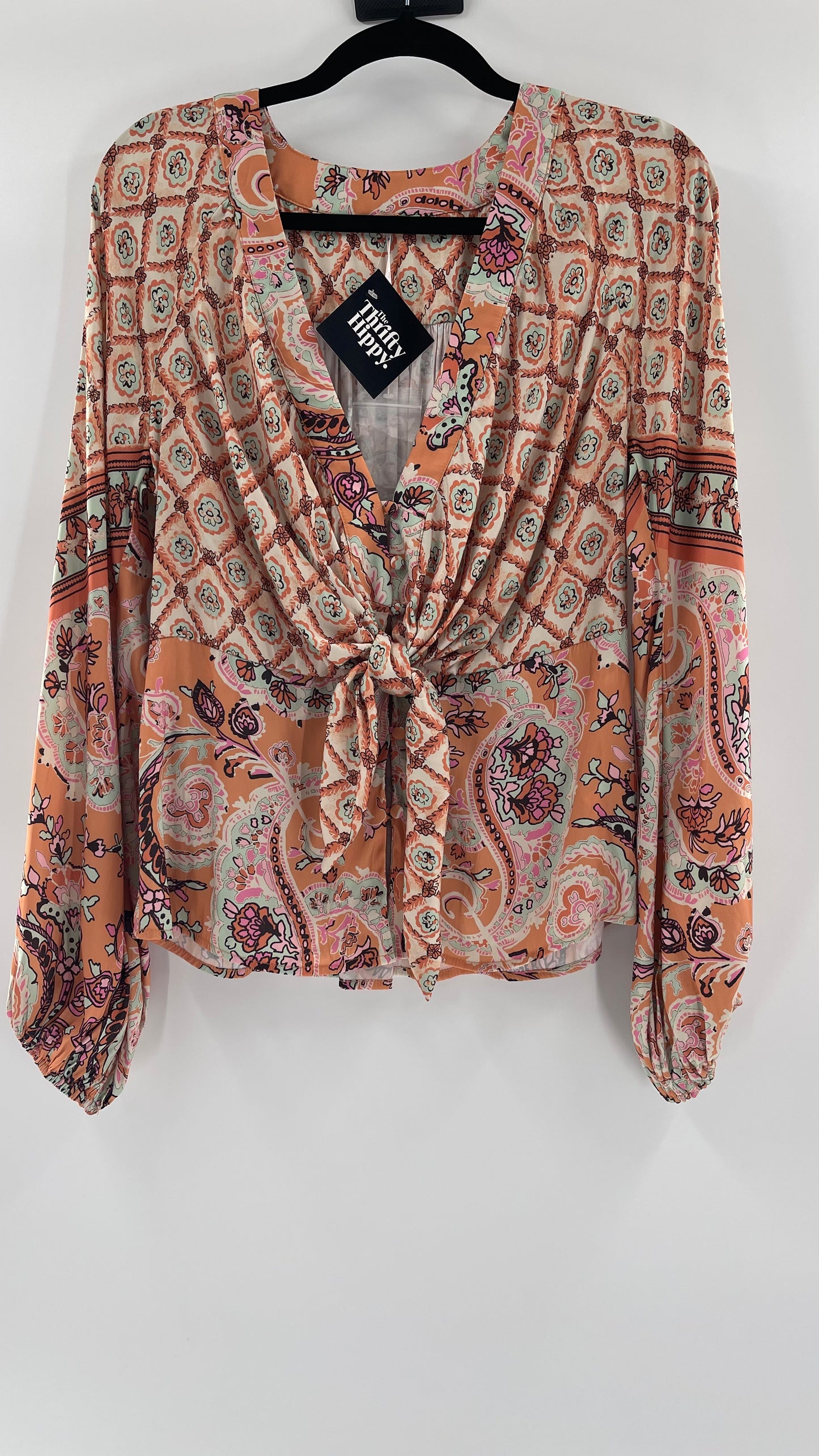 Free People Silky Orange Paisley Tie Front Blouse (M)