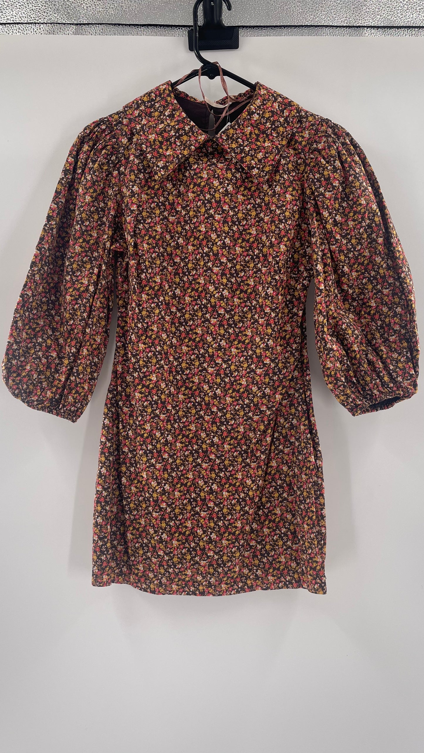 Free People Flowered Brown Print Ballon Sleeve Mini Dress With Collar (Size 2)