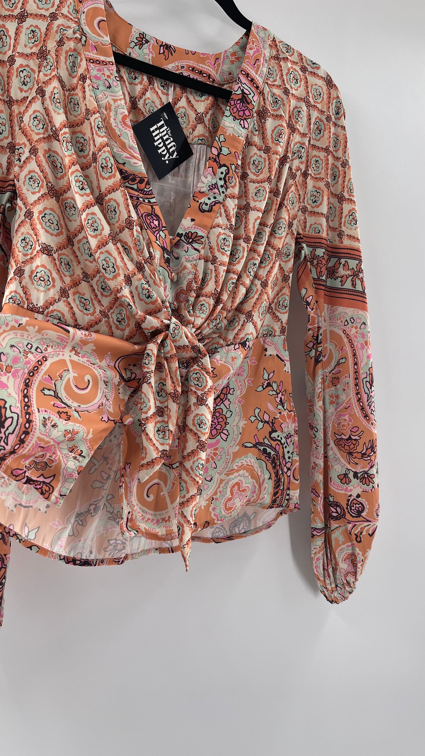 Free People Silky Orange Paisley Tie Front Blouse (M)