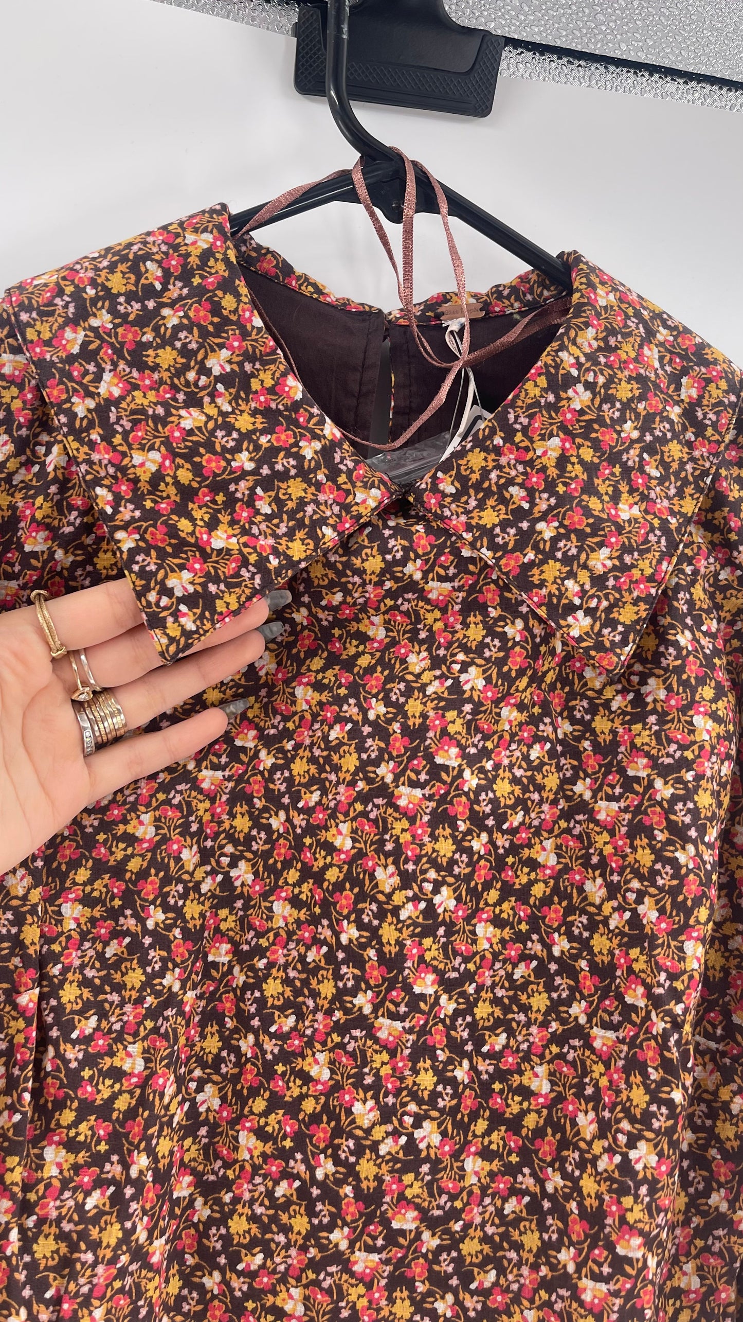 Free People Flowered Brown Print Ballon Sleeve Mini Dress With Collar (Size 2)