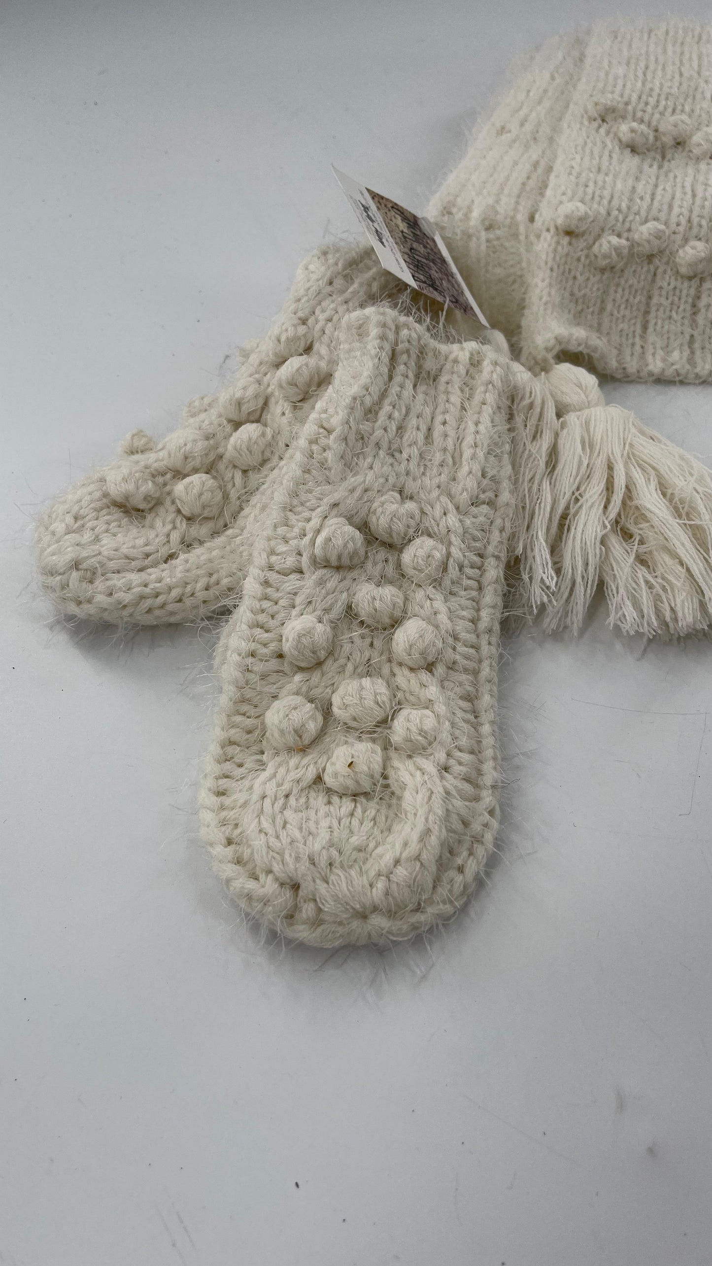 Free People White Knit Scarf and Mitten Set