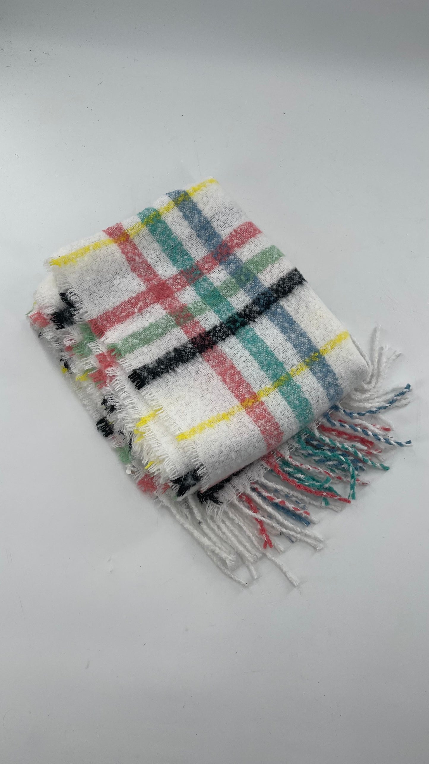 Aerie White Scarf with Colorful Flannel Pattern + Fringe