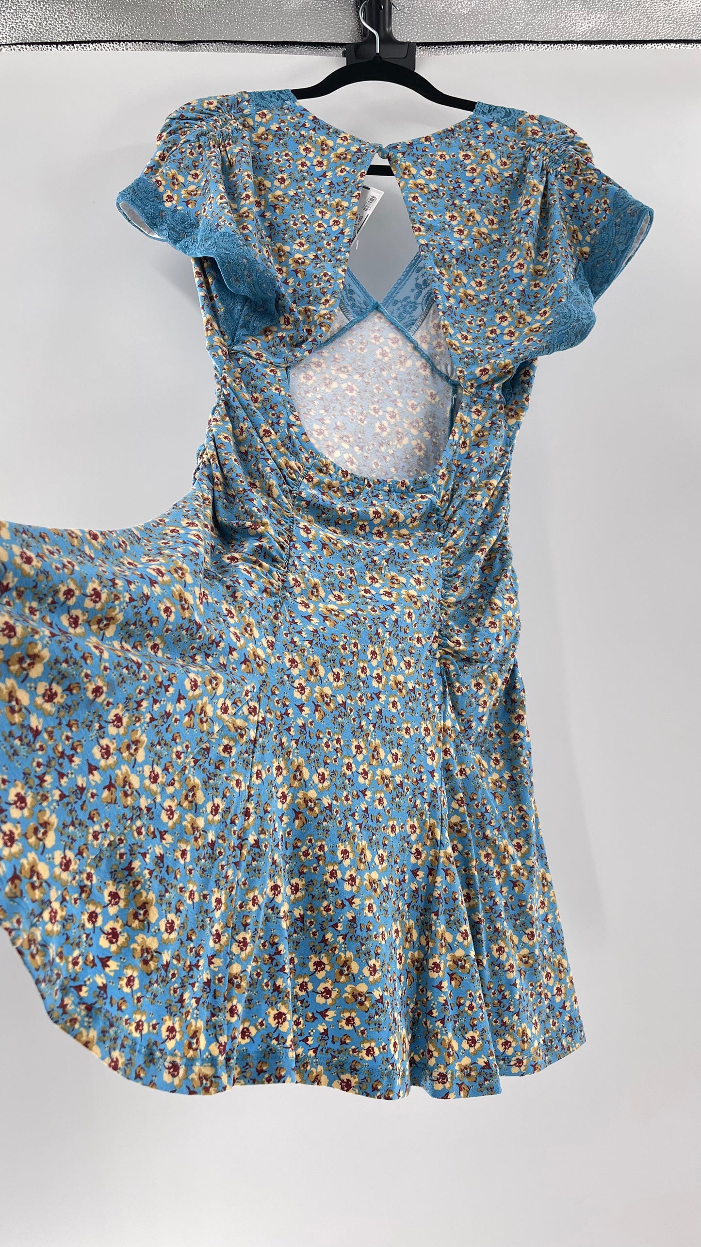 Free People Sweet Talker Blue Floral Ruched Mini Dress (Medium)
