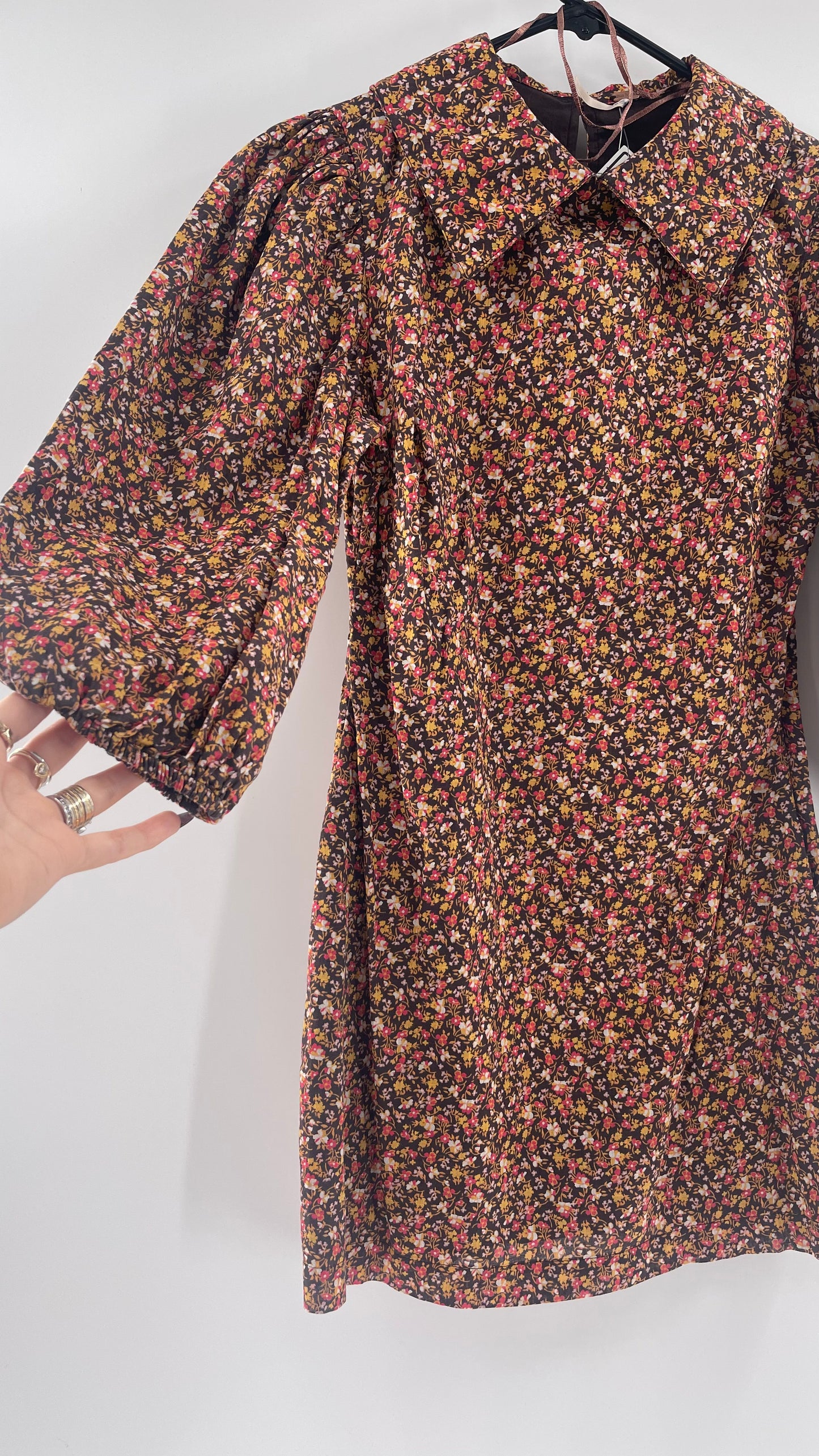 Free People Flowered Brown Print Ballon Sleeve Mini Dress With Collar (Size 2)
