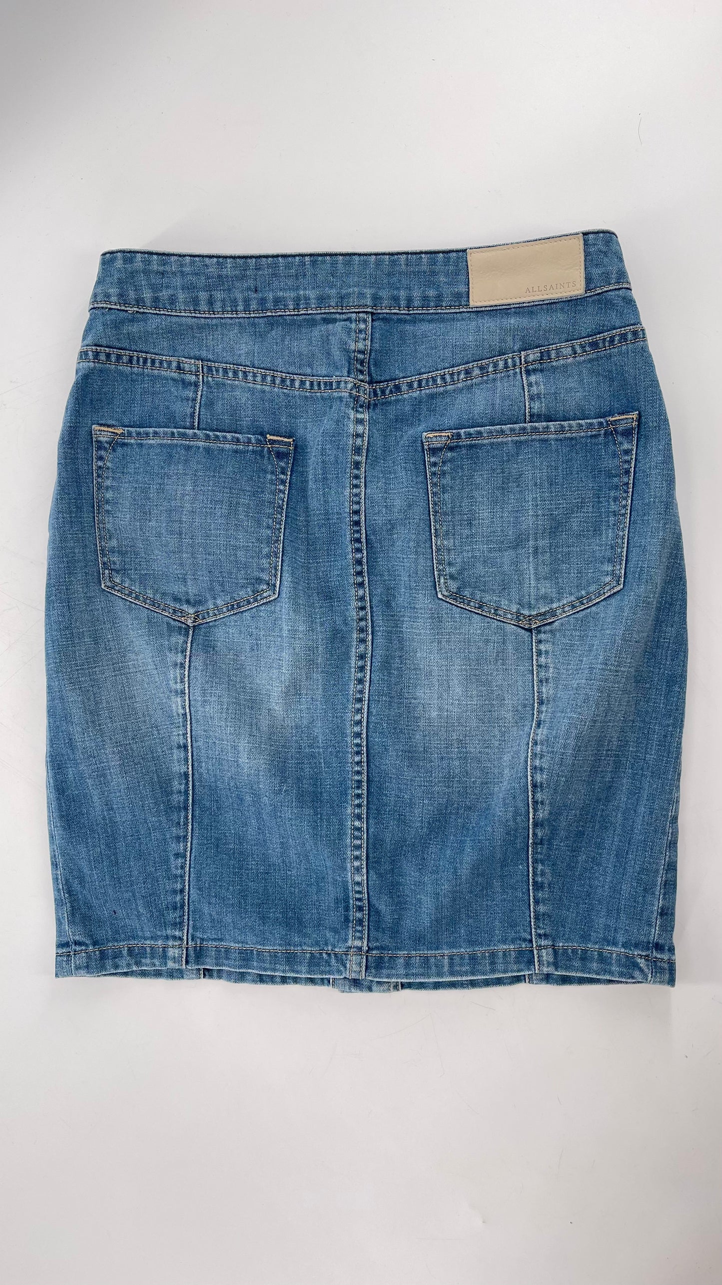 ALLSAINTS Light Wash Button Front Knee High Skirt (4)