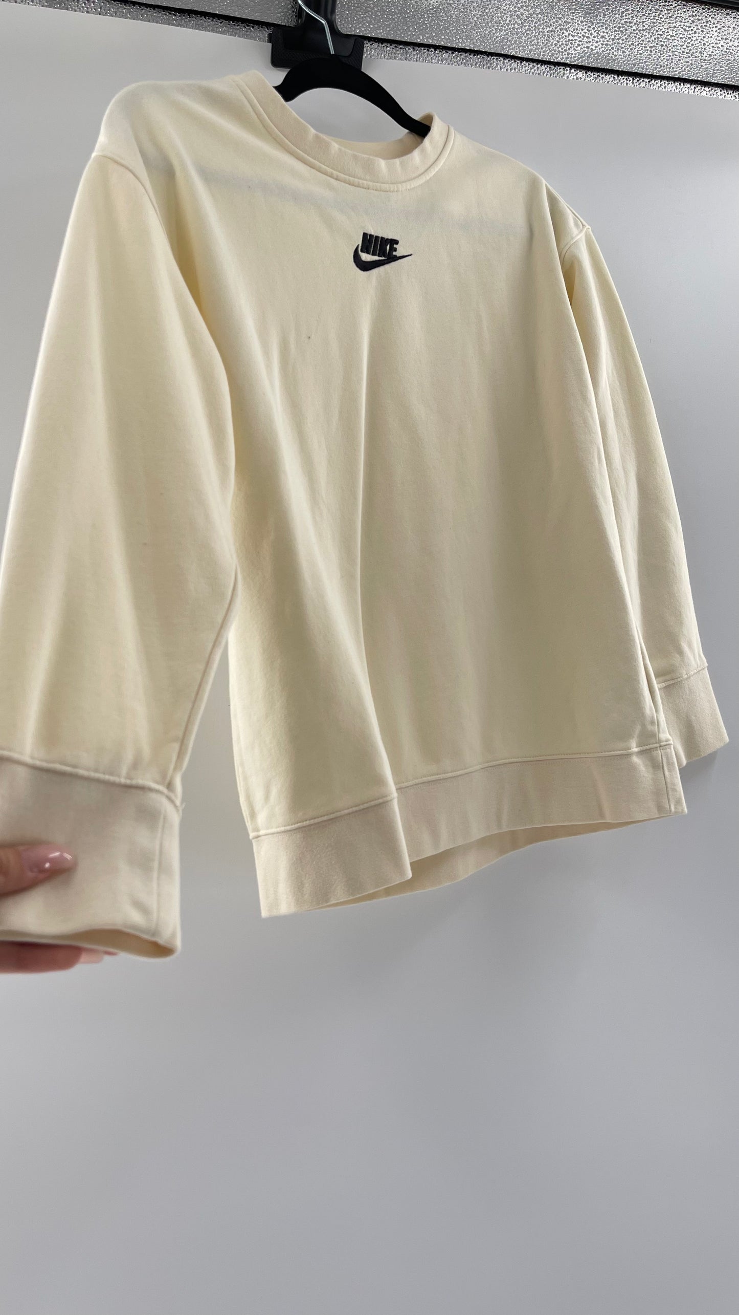 Cream Nike Crewneck with Minimalist Black Chest Logo (Large)