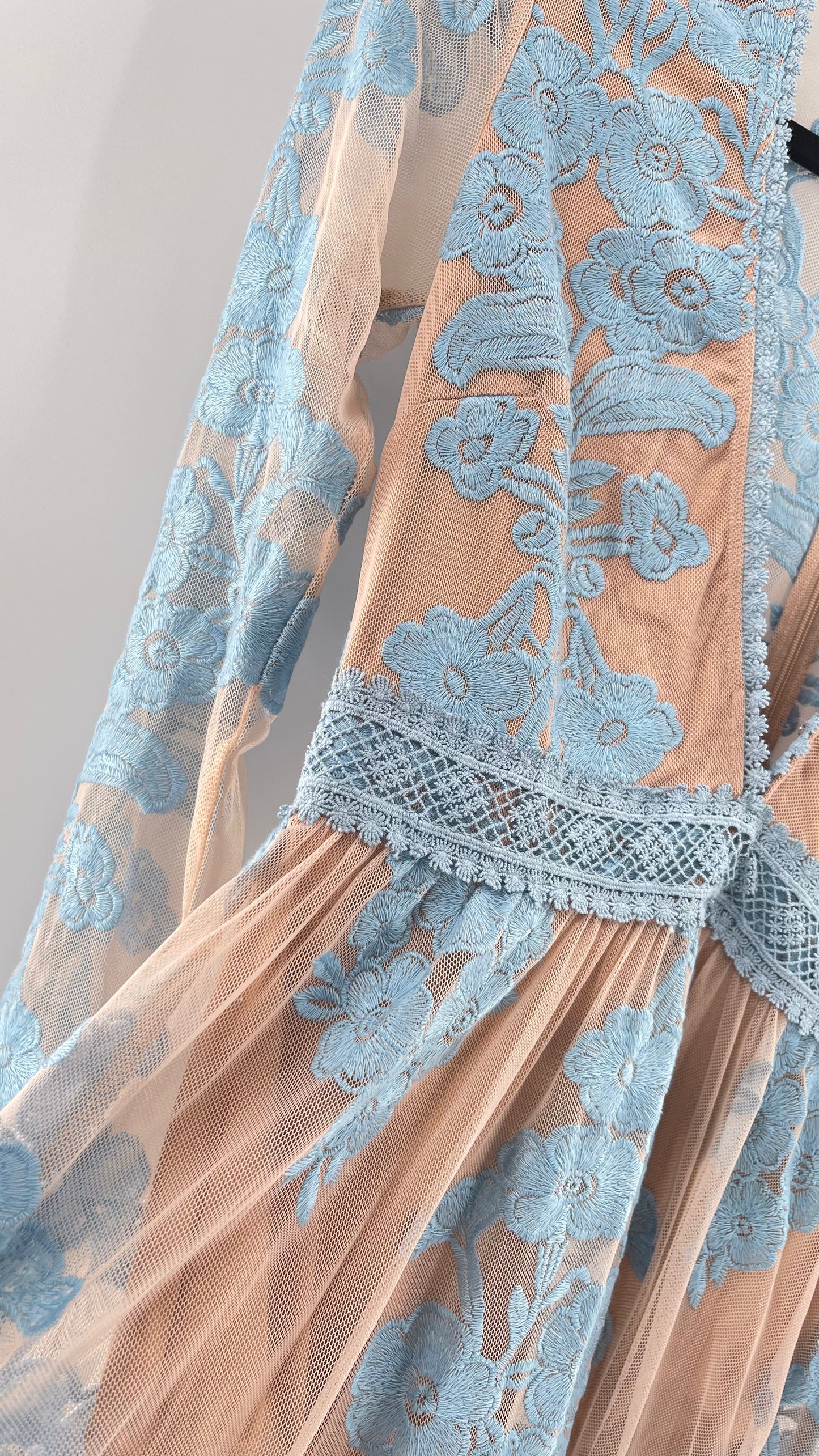 For Love and Lemons Powder Blue Embroidered Temecula Maxi Dress