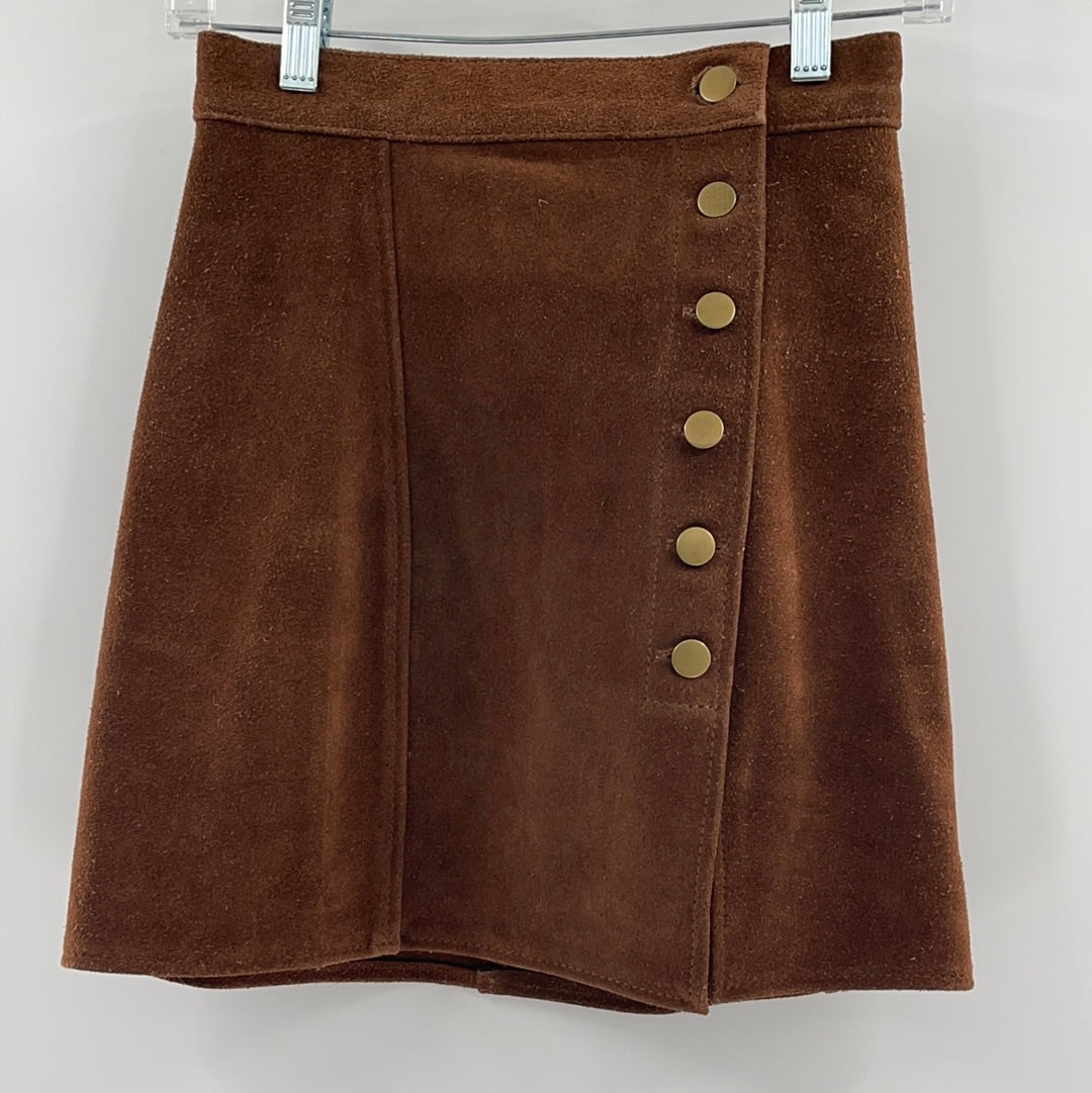 Free People 100% Suede Brown Mini Skirt With 6 Metal Buttons(Size XS)