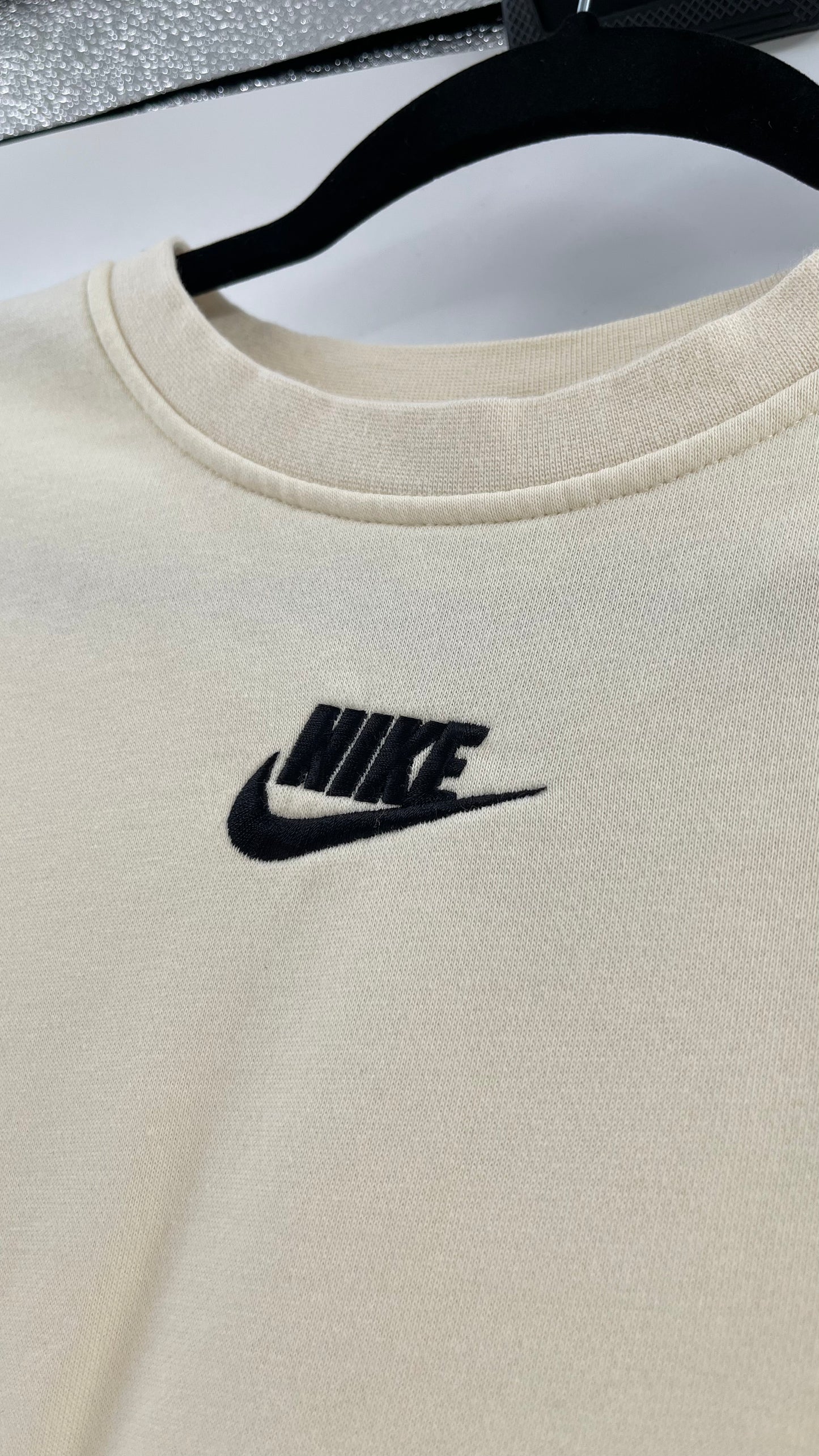 Cream Nike Crewneck with Minimalist Black Chest Logo (Large)