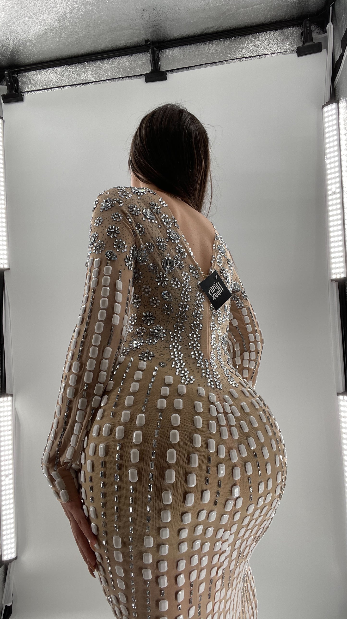 Modified Floor Length Gown Nude Underlay with Crystals and White Jewels (Medium)