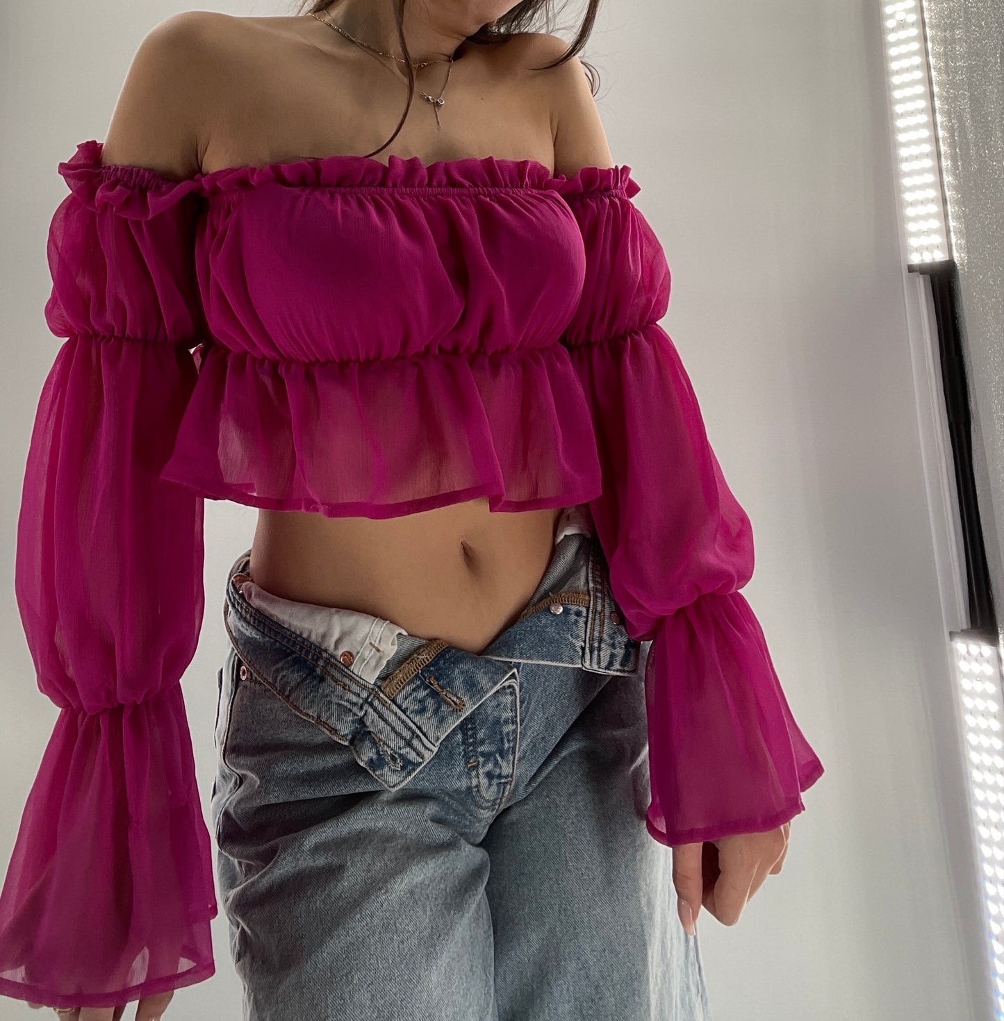 Fashion Nova Fuchsia Sheer Long Sleeve Crop (Small)