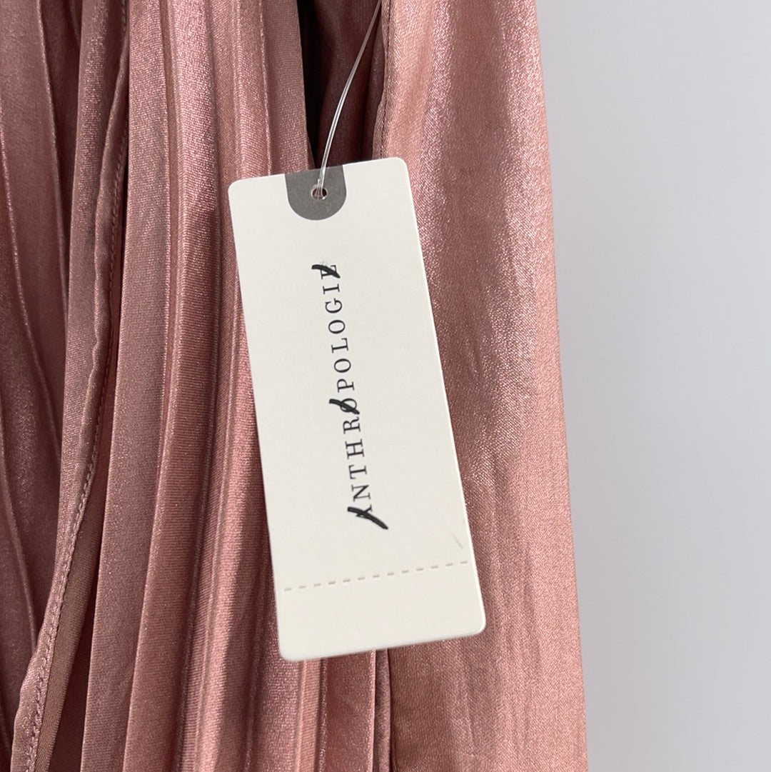 Anthropologie Long Rose Gold Satin Pleated Skirt (Size 12)
