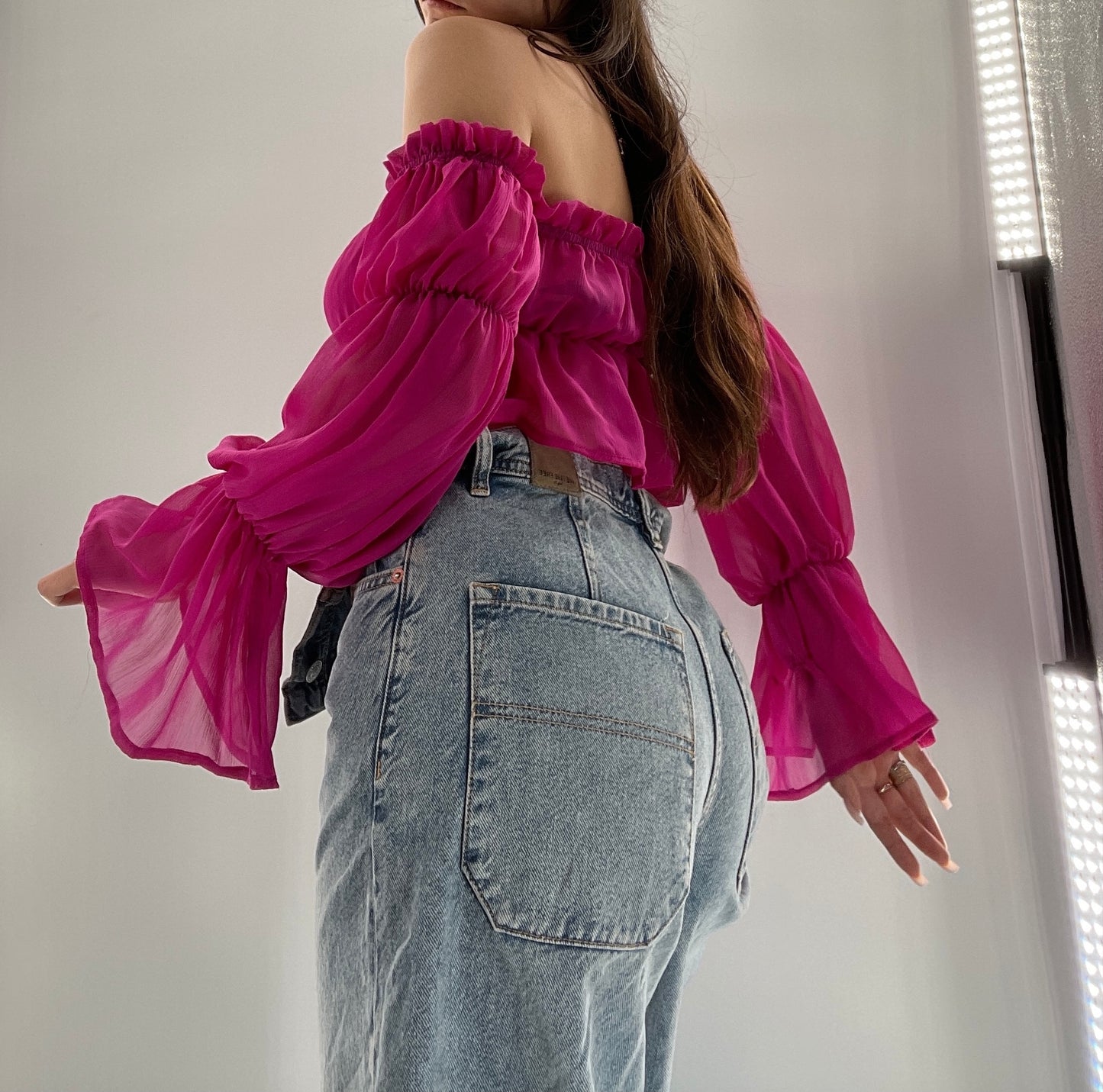 Fashion Nova Fuchsia Sheer Long Sleeve Crop (Small)