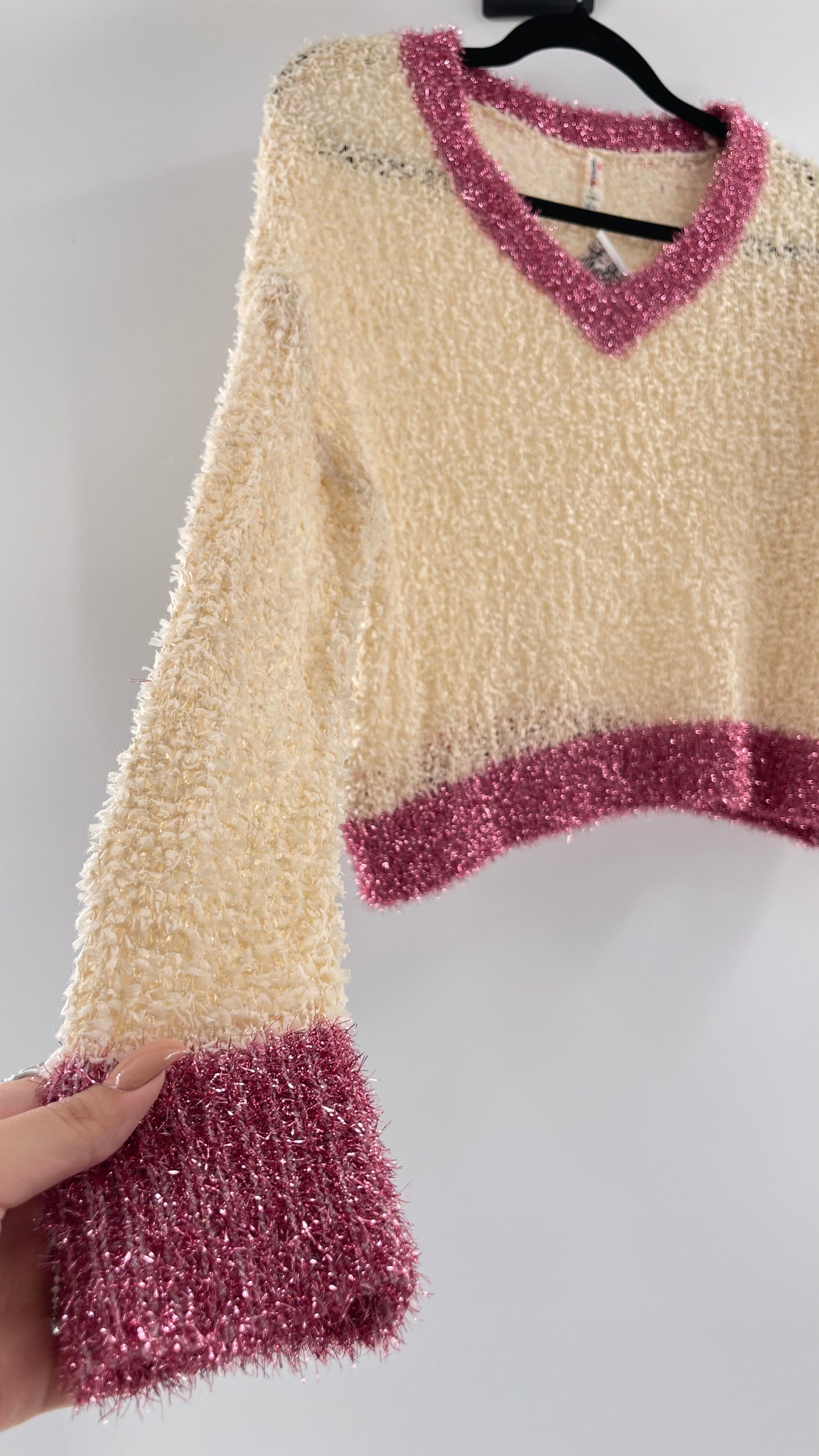Anthropologie RAGA Cream and Fuchsia Tinsel Varsity Sweater (Large)