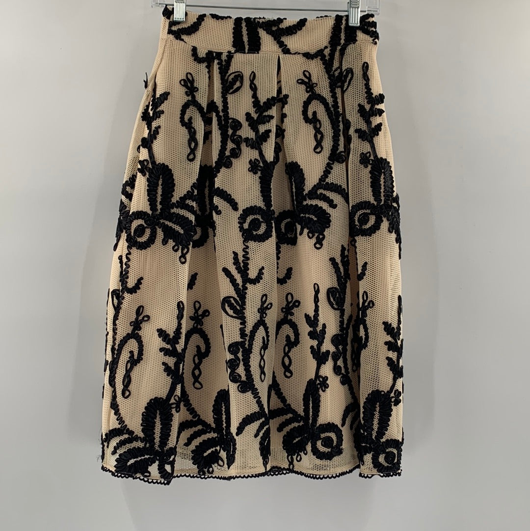 Anthropologie Beige Mesh with Embroidered Black Ribbon Pleated Skirt(Size XS)