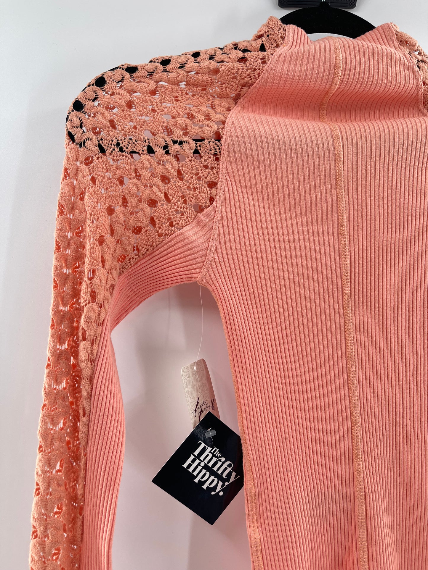Free People Pink Ribbed Knit + Lace Mock Neck (XS)