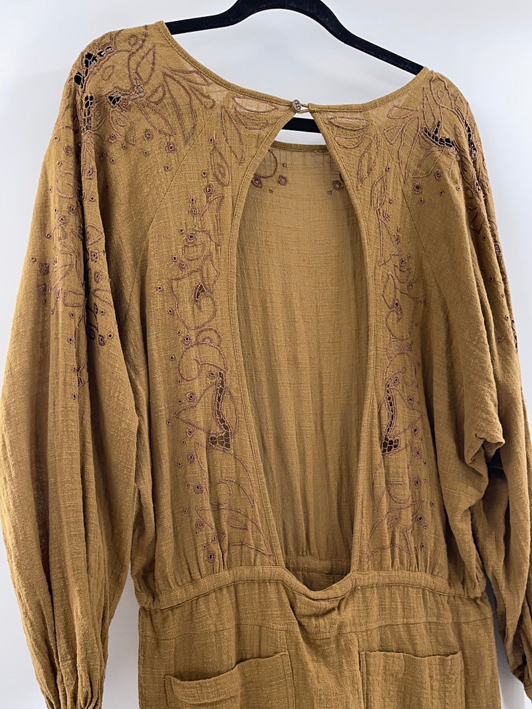 Free People - One Teaspoon - Tobacco Long Sleeve Embroidered Laser Cut Details Adjustable Drawstring Waist Line With Side Pockets Backless Jumpsuit (Size Small) - WITH TAG -