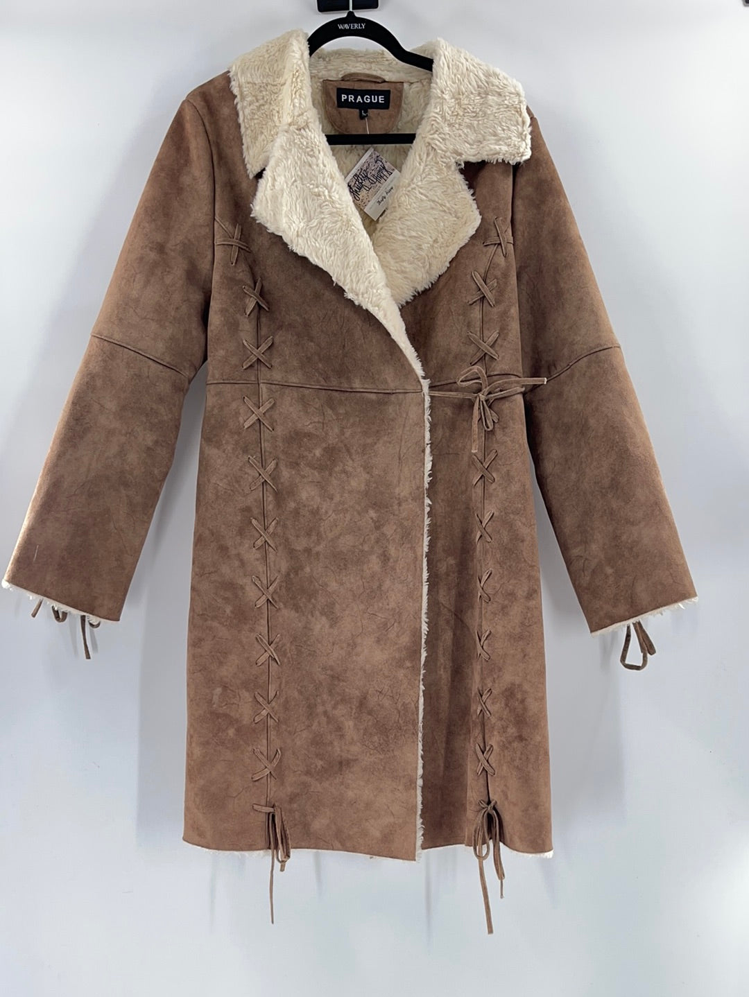 Prague Faux Brown Suede Shearling Lining Lace Up Detail on Sleeves and Front of Coat (Size Large)
