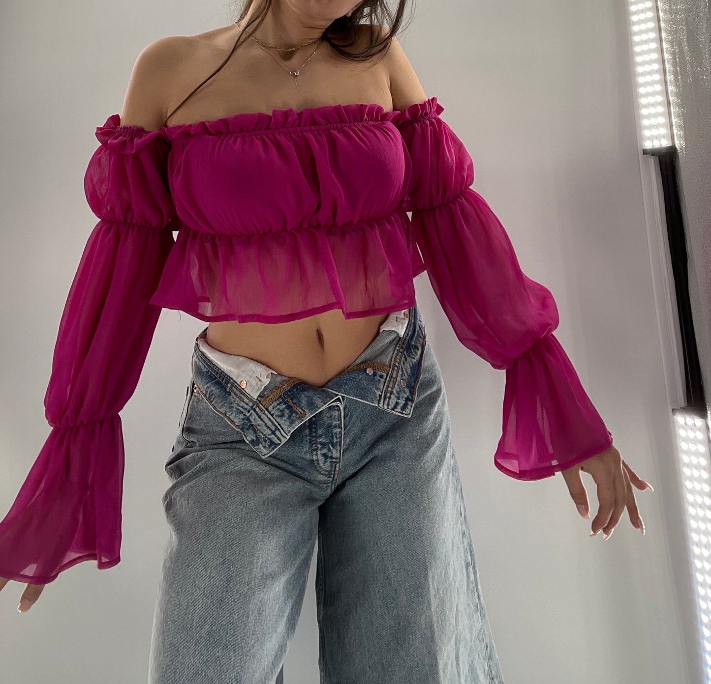 Fashion Nova Fuchsia Sheer Long Sleeve Crop (Small)