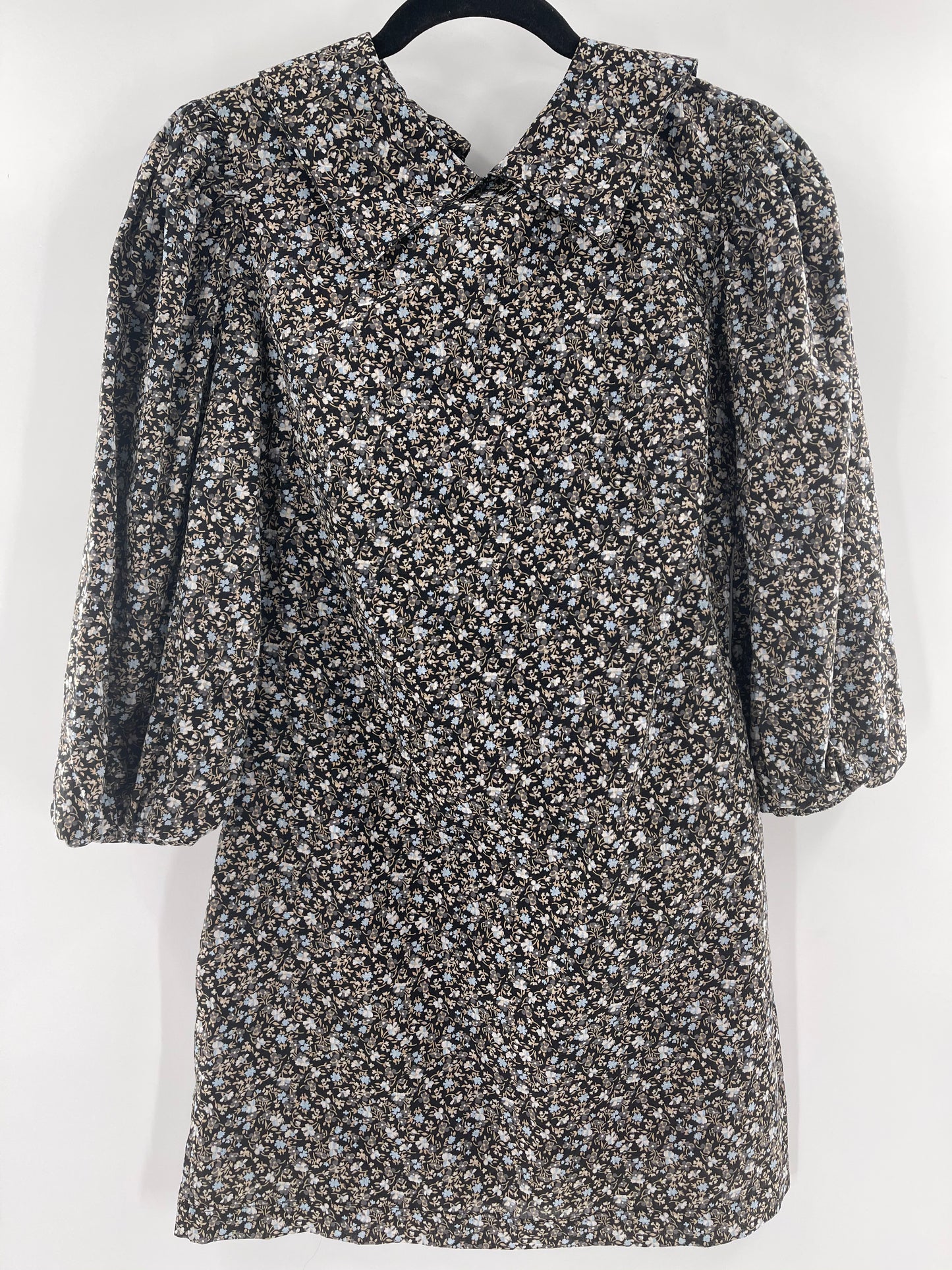 Free People Flowered Black Print Ballon Sleeve Mini Dress With Collar (Size 4)