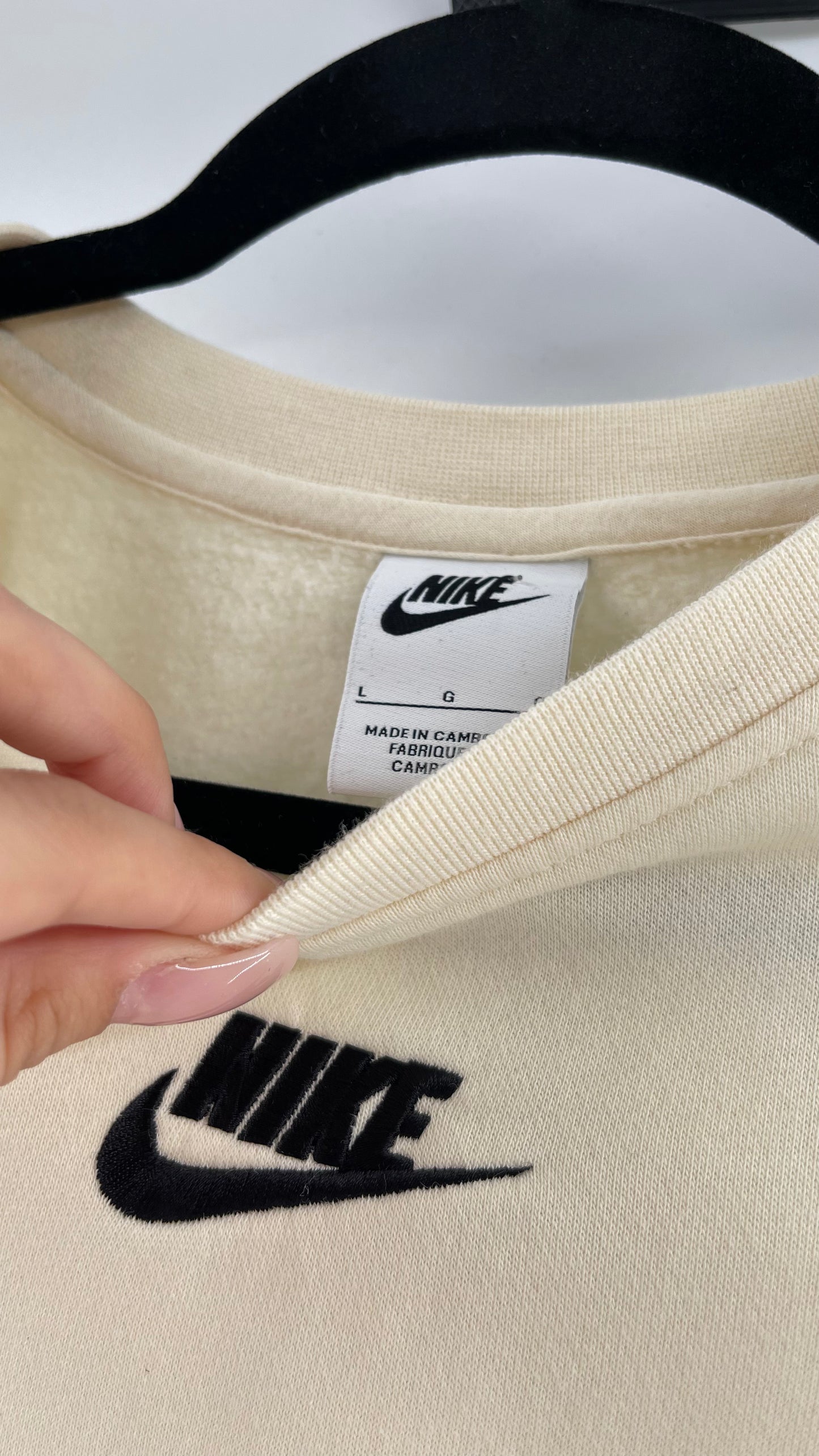 Cream Nike Crewneck with Minimalist Black Chest Logo (Large)