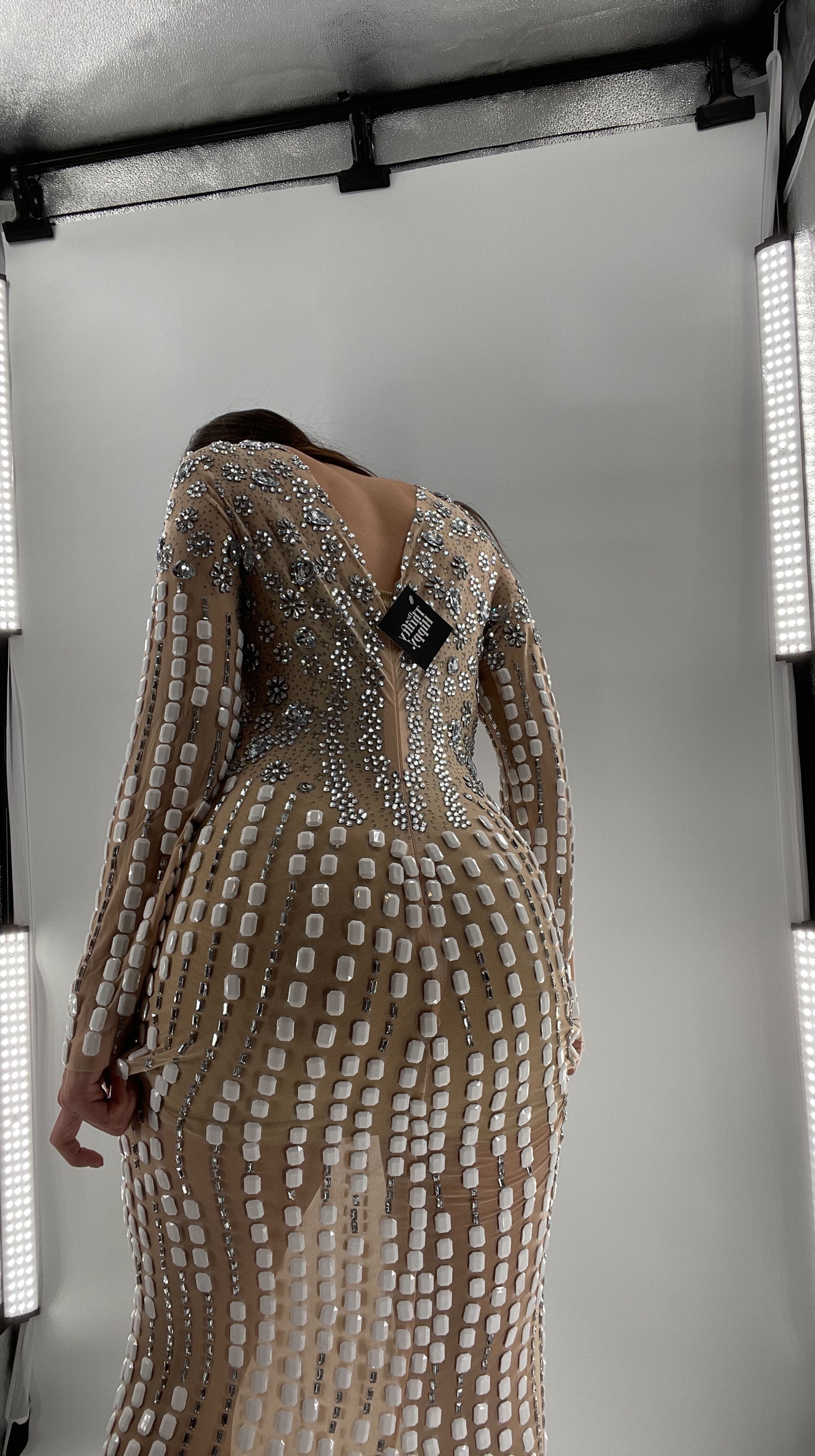 Modified Floor Length Gown Nude Underlay with Crystals and White Jewels (Medium)