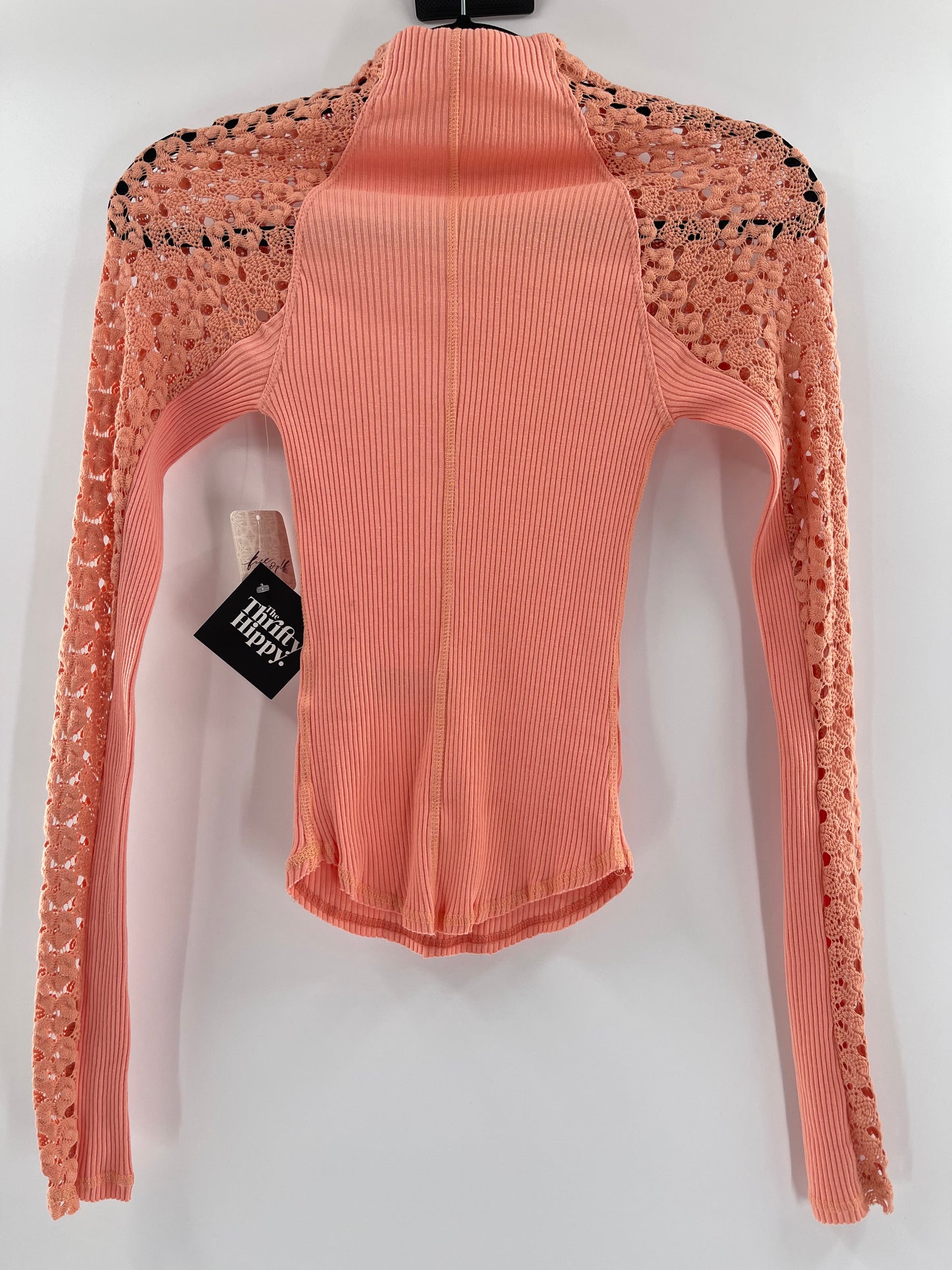 Free People Pink Ribbed Knit + Lace Mock Neck (XS)