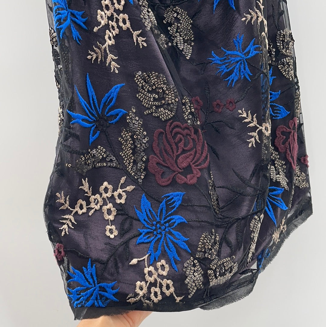 Urban Outfitters - Embroidered Blue / Gold Flower Pattern Mini Dress (Size Medium)